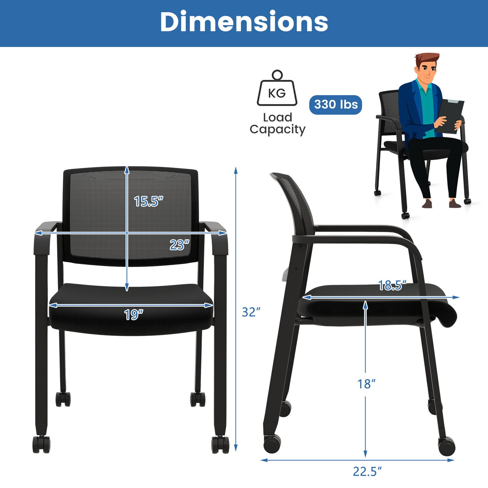 Set of 2 Stackable Rolling Office Chairs with Mesh Backrest