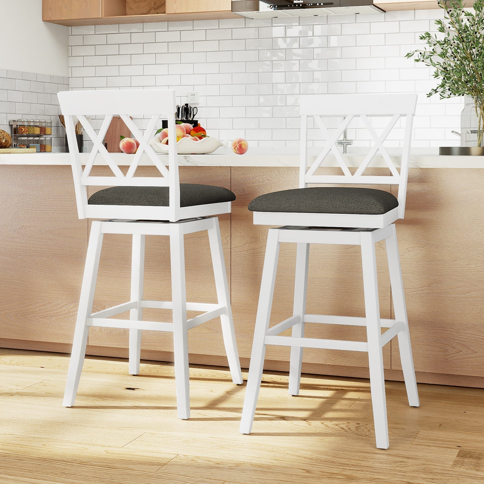 Set of 2 Swivel Bar Stools Counter Height Barstools with Backrest Upholstered Seat Cushion