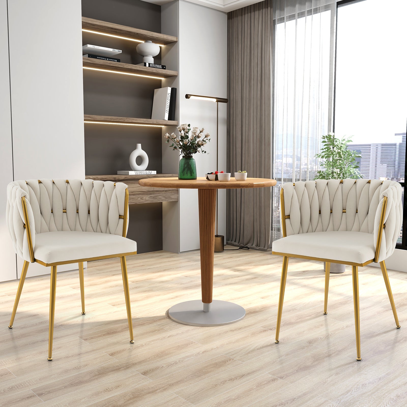 Set of 2 Upholstered Dining Chair w/ Curved Backrest and Metal Tubes