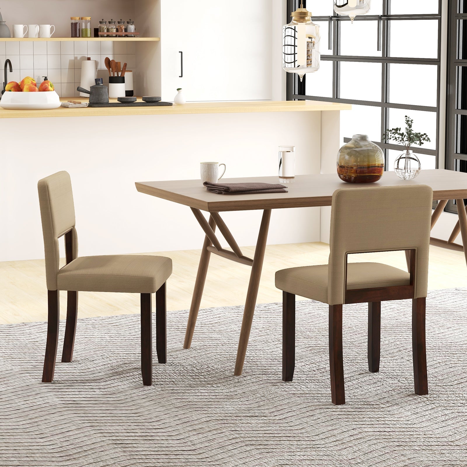 Set of 2 Wooden Dining Chair with Acacia Wood Frame Padded Seat and Back