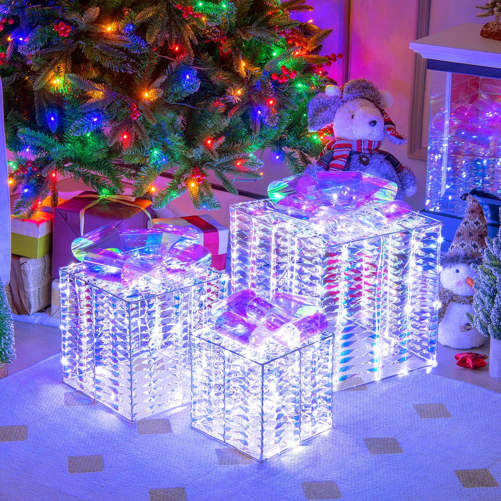 Set of 3 Iridescent Christmas Gift Box with Iridescent Bows