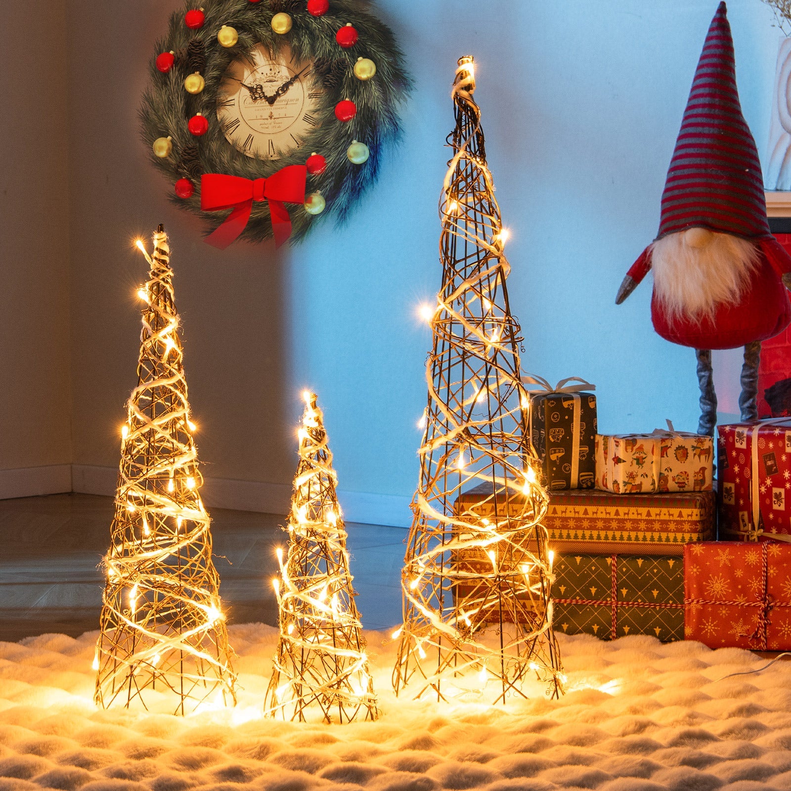 Set of 3 Lighted Rattan Cone Trees with LED Lights and Metal Frame