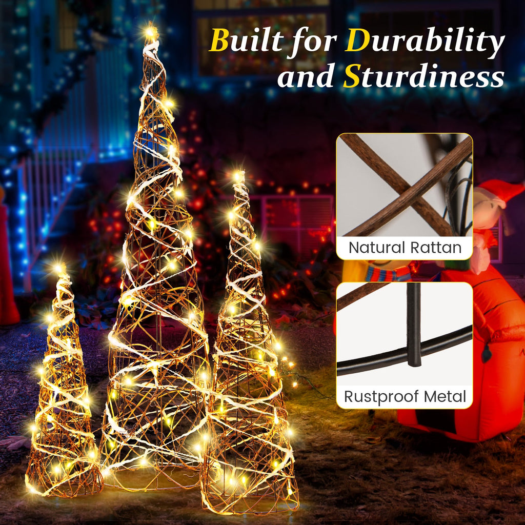 Set of 3 Lighted Rattan Cone Trees with LED Lights and Metal Frame