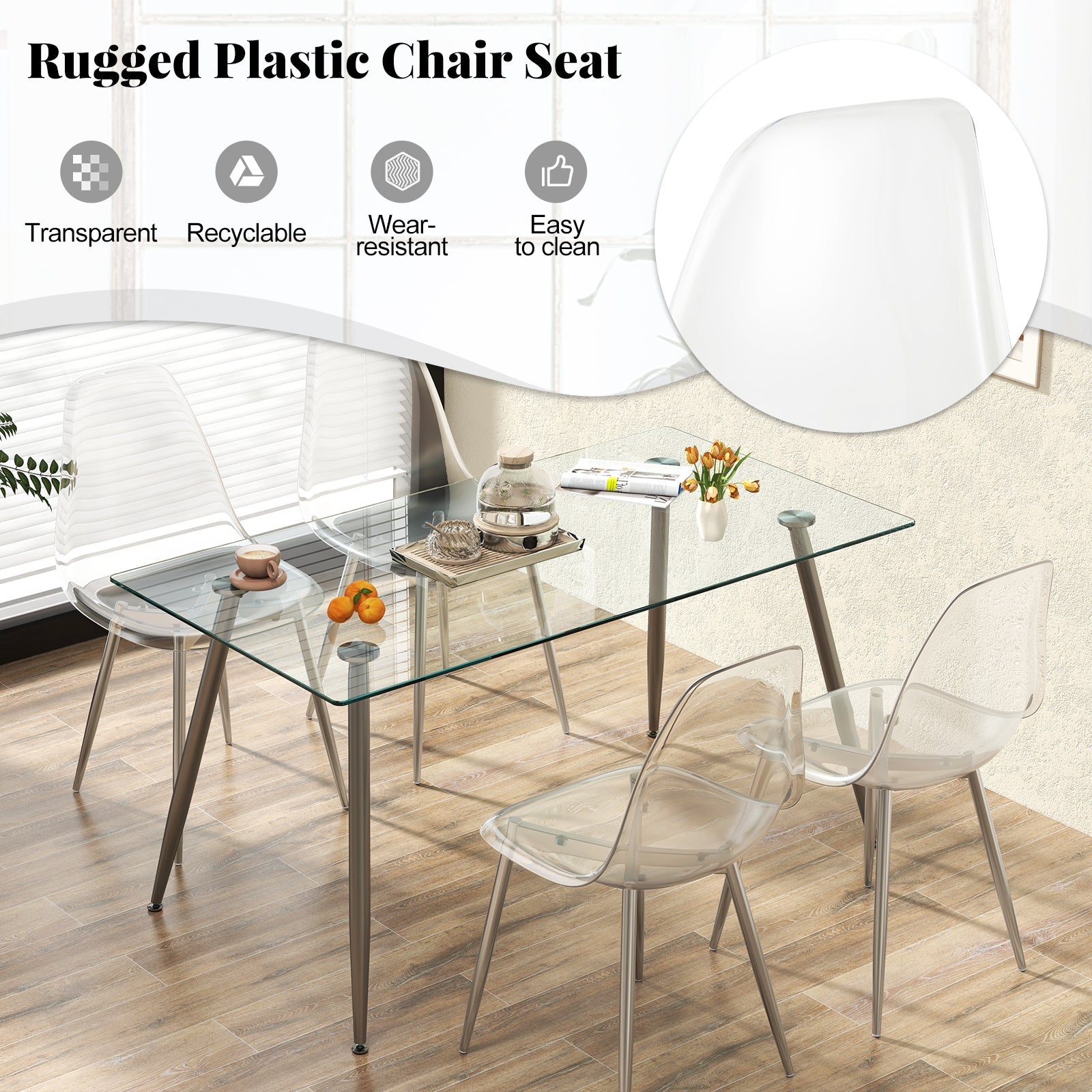 Set of 4 Dining Chairs Modern Plastic Shell Side Chair with Clear Seat and Wood Legs-Silver