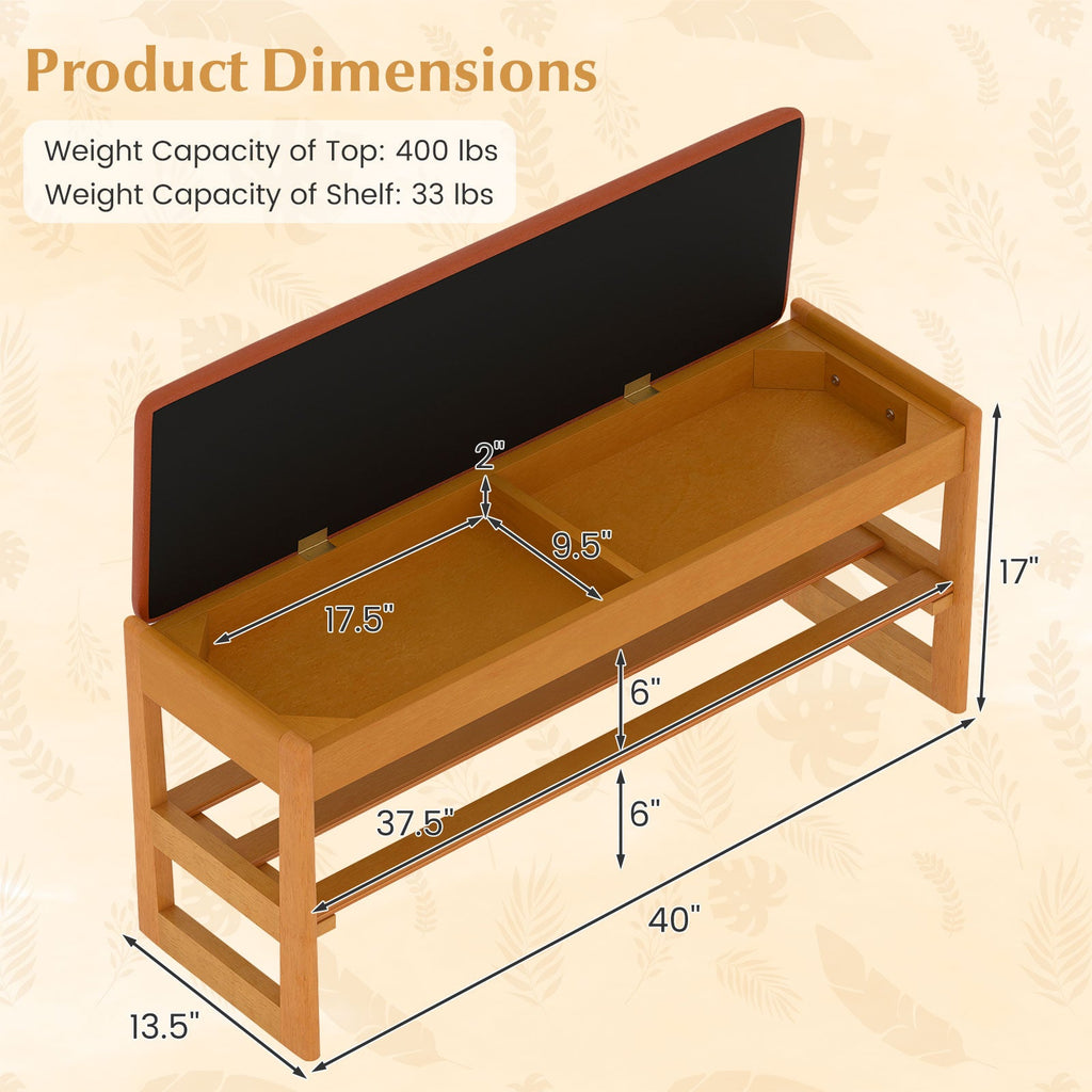Shoe Rack Bench with Storage 2-Tier Rubberwood Entryway Bench with Flip-Open Storage
