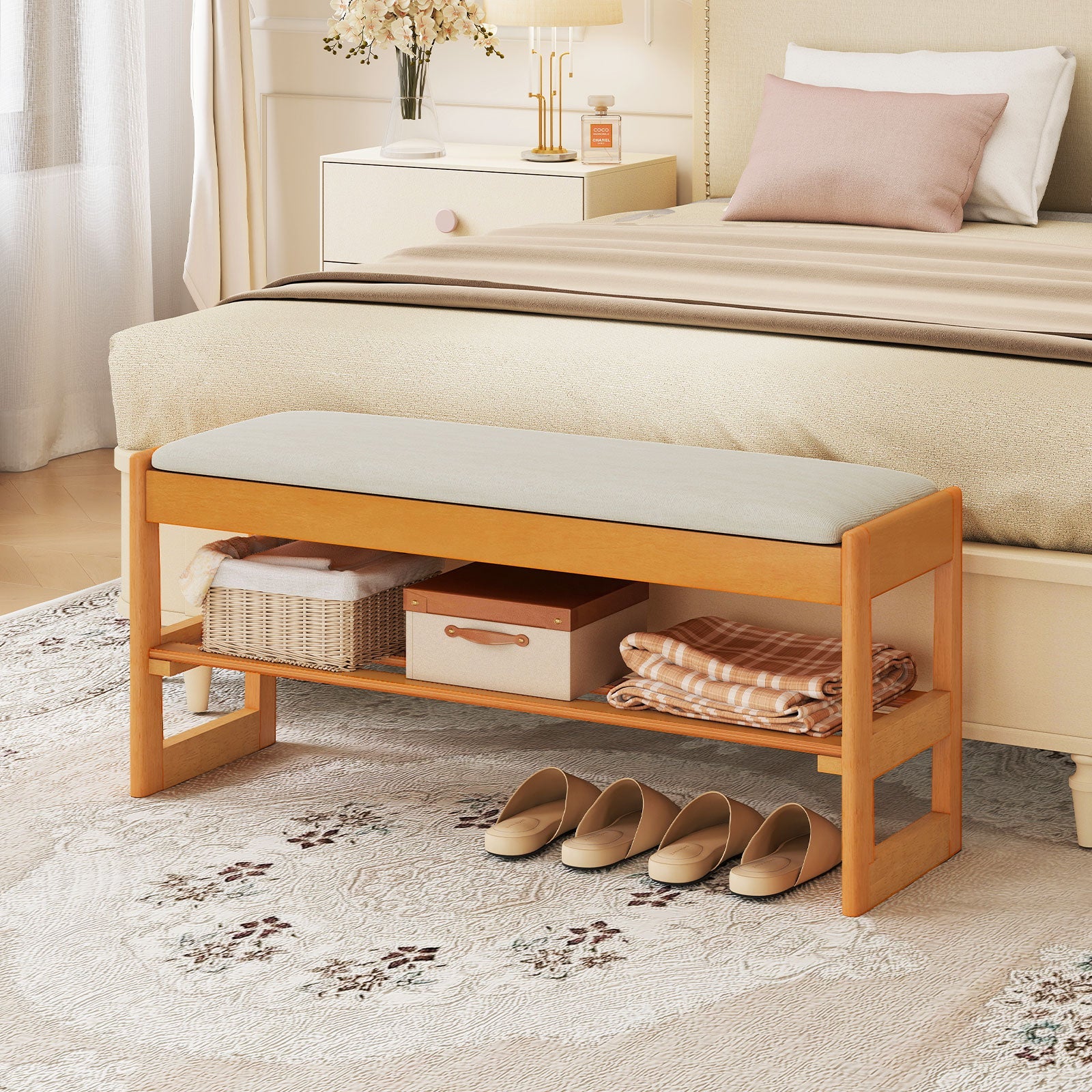 Shoe Rack Bench with Storage 2-Tier Rubberwood Entryway Bench with Flip-Open Storage