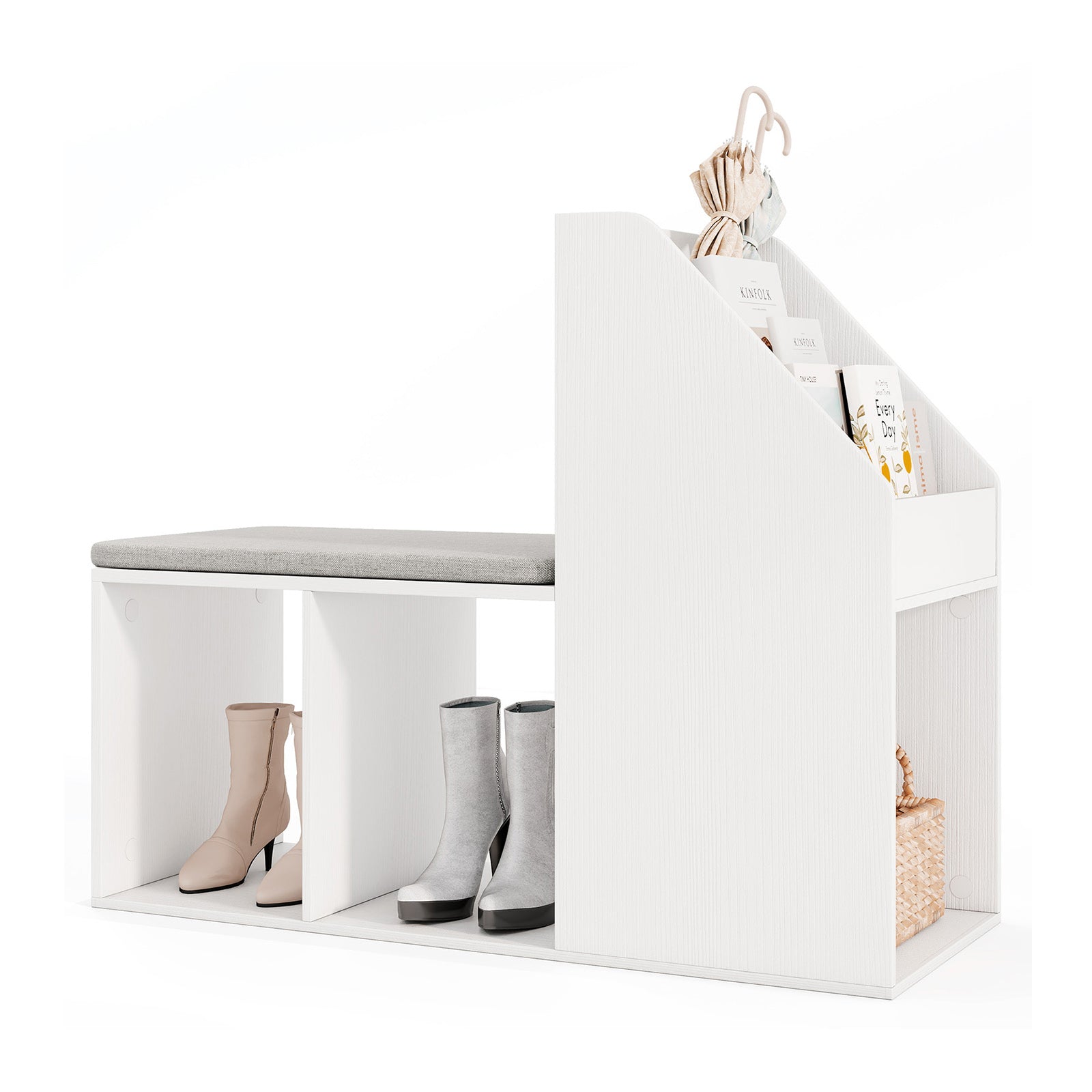 Shoe Storage Bench with Removable Seat Cushion and 6 Storage Compartments-White