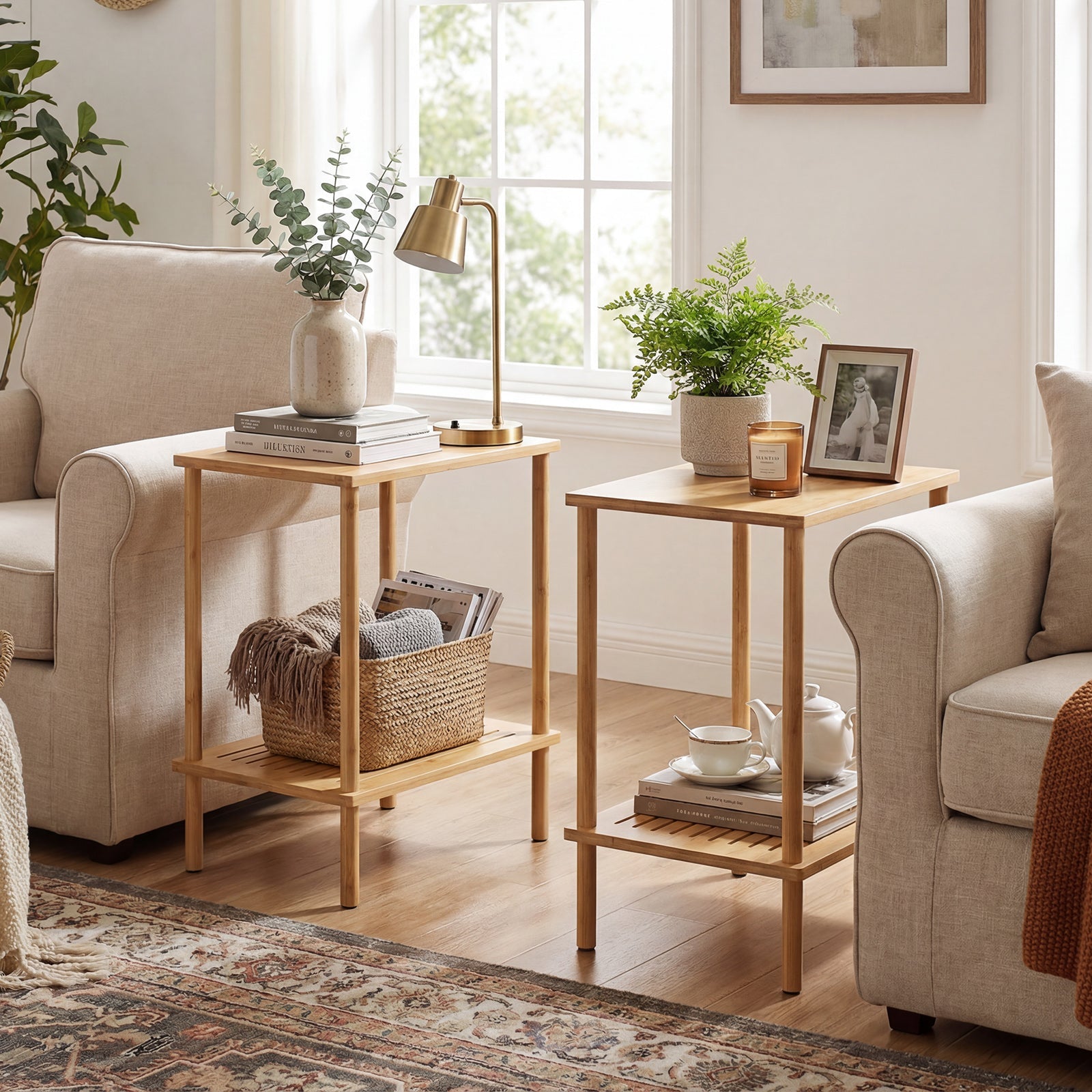 Side Table Set of 2 2-Tier Bamboo End Table with Storage Shelves Rectangular Tea Sofa Table-Natural