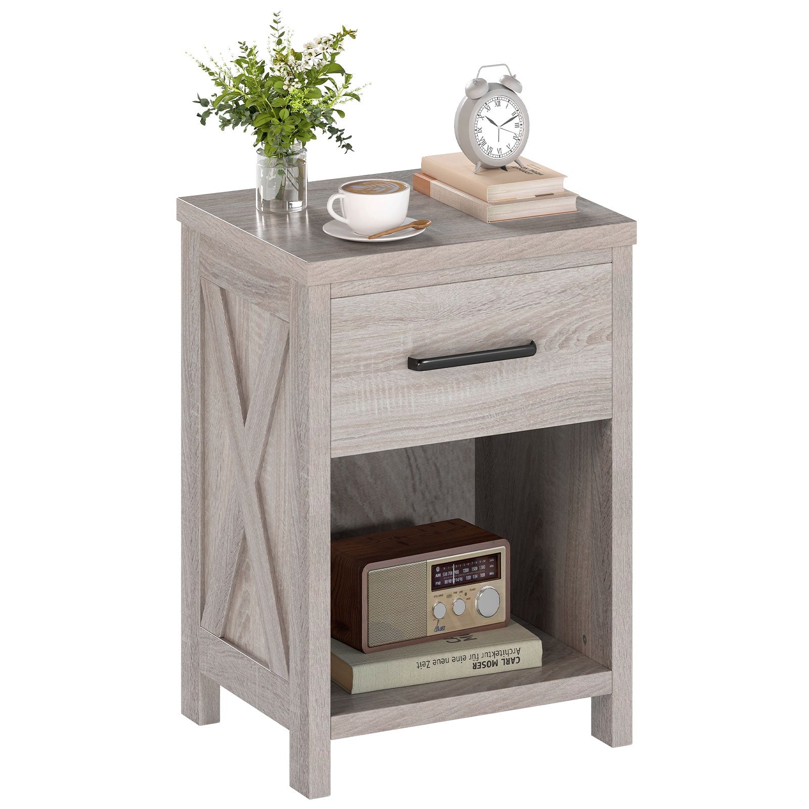 Nightstand with Drawer and Shelf-Antique Brush White