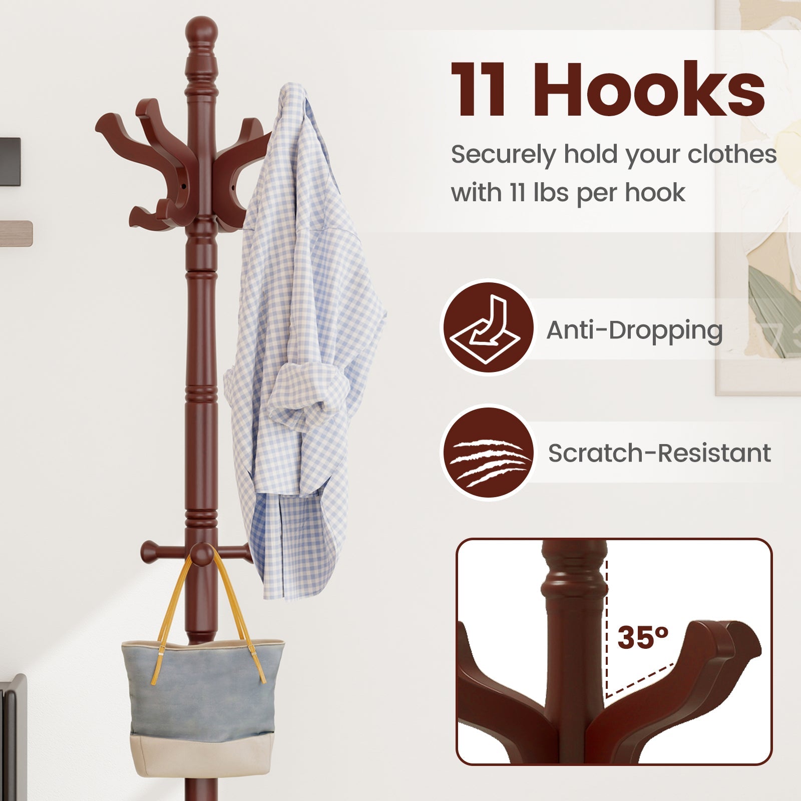 Solid Wood Hall Tree with 11 Hooks and 3 Height Options for Entryway