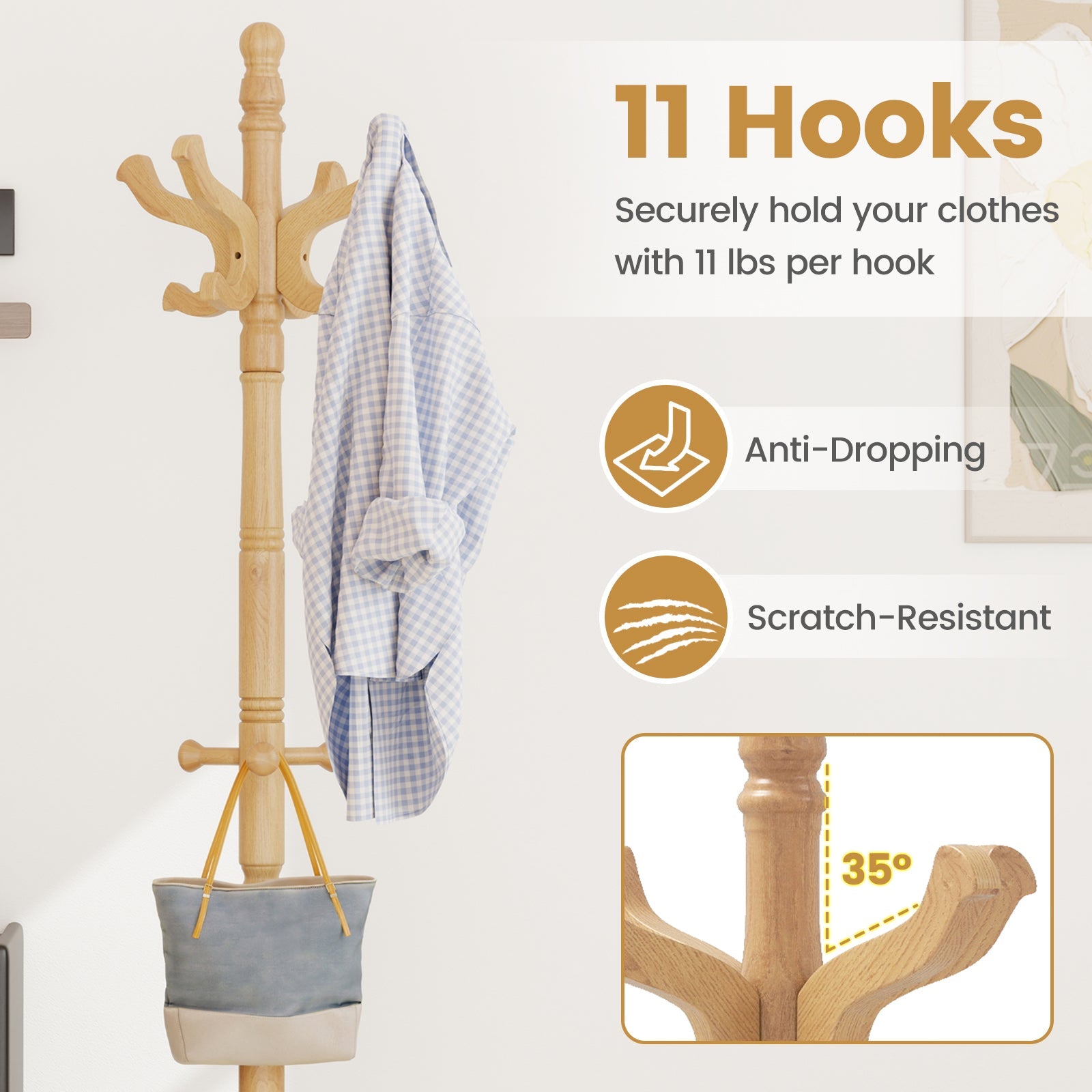 Solid Wood Hall Tree with 11 Hooks and 3 Height Options for Entryway