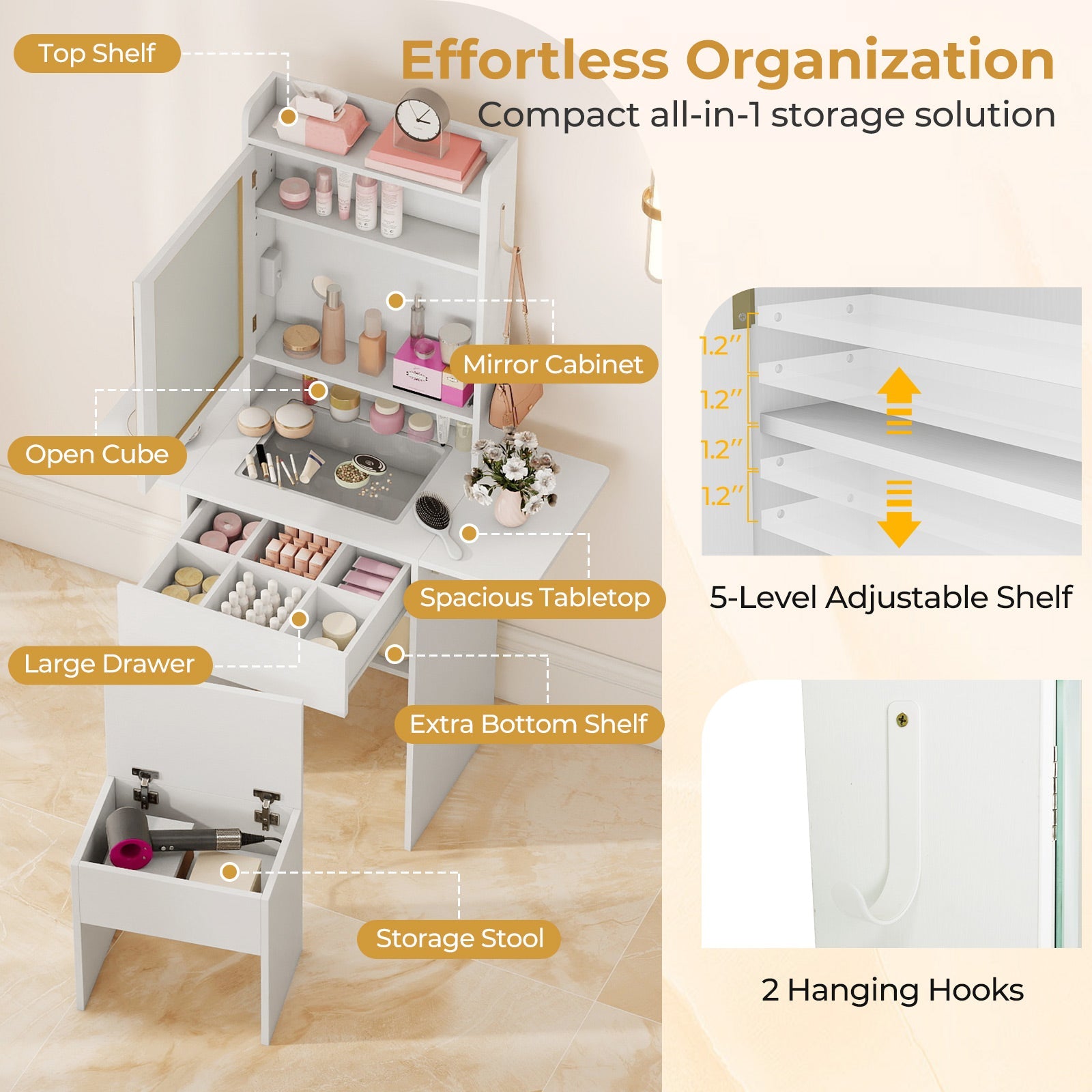 Space-saving Vanity Desk with Mirror and Lights for Bedroom