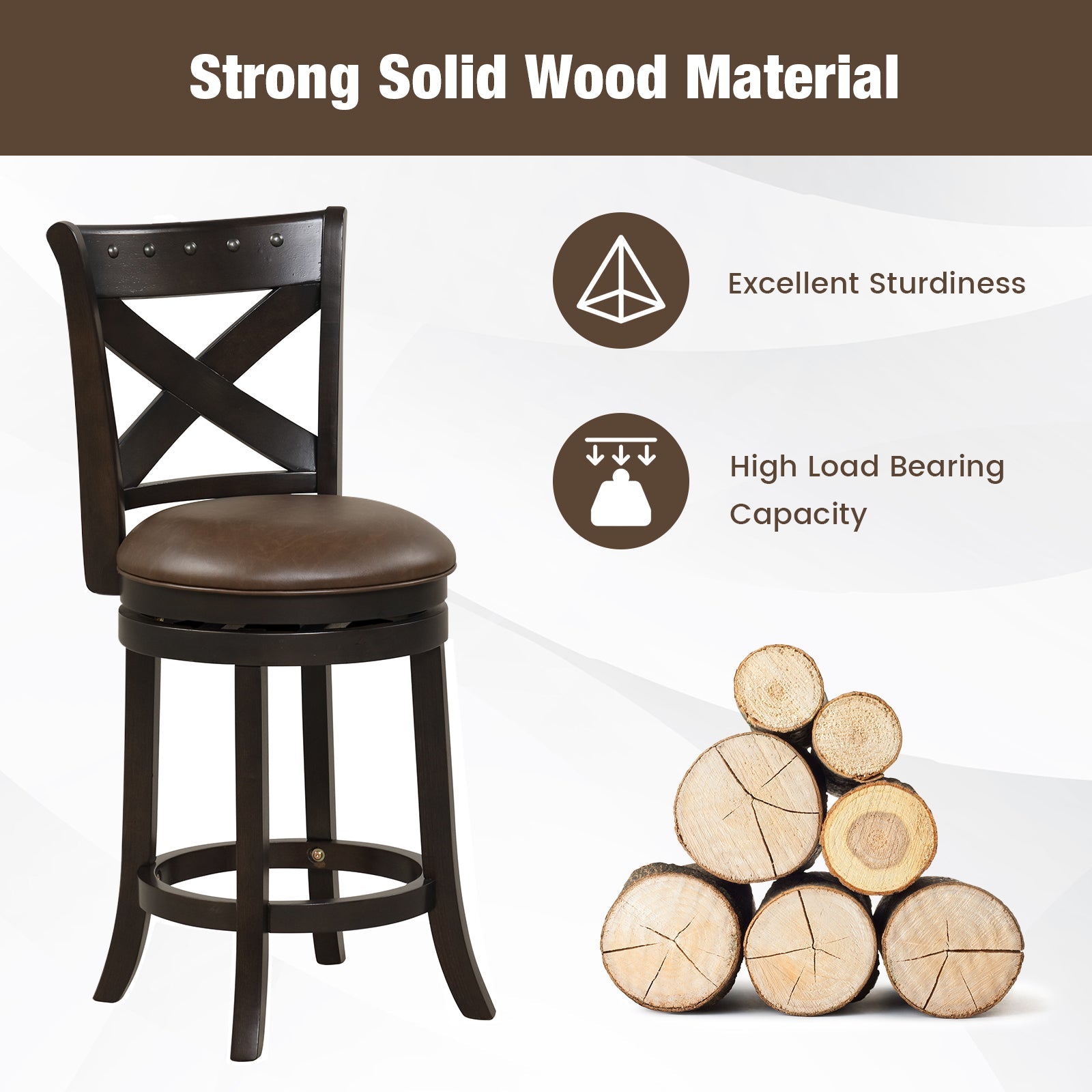 31 Inch Swivel Bar Stool with Curved Backrest PU Leather Seat and Footrest