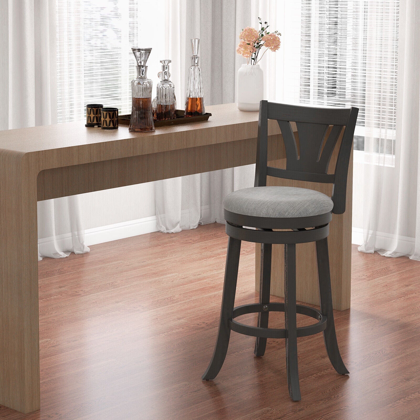26.5 Inch Swivel Bar Stool with Backrest Soft Cushioned Seat and Footrest Gray