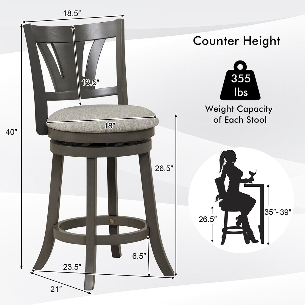 26.5 Inch Swivel Bar Stool with Backrest Soft Cushioned Seat and Footrest Gray
