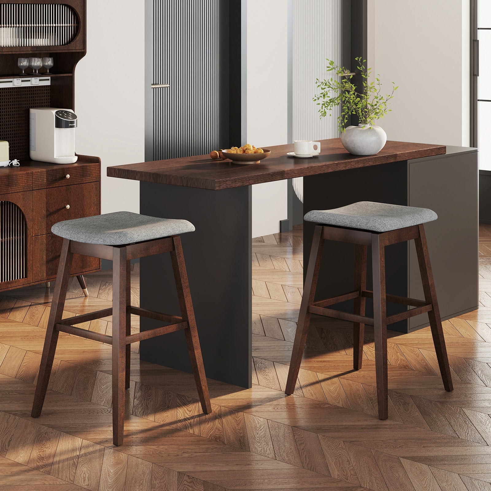 Swivel Bar Stools Set of 2 with Footrest and Rubber Wood Legs-Brown