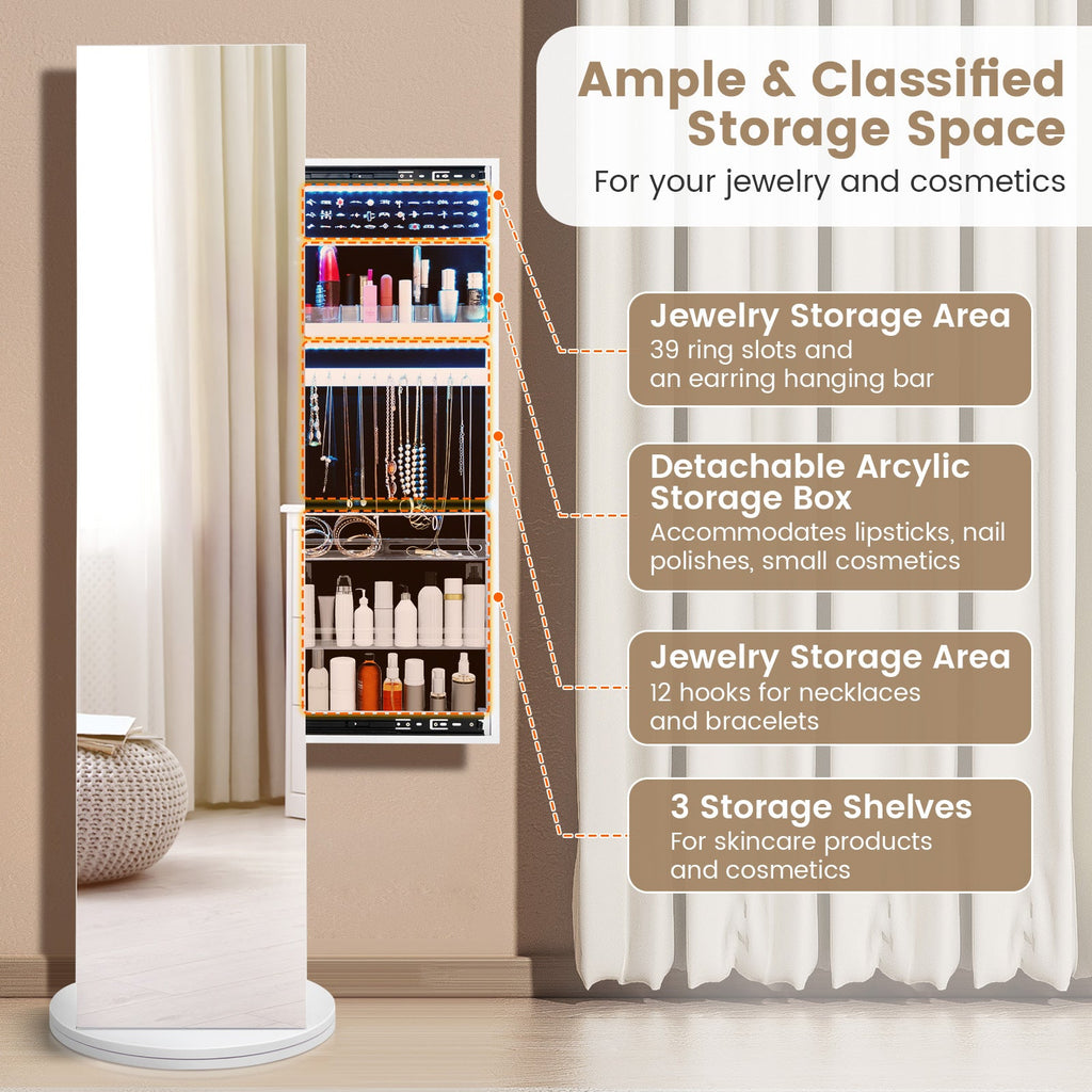 360-Degree Swivel Jewelry Cabinet Armoire with Full Length Mirror and Coat Rack-White