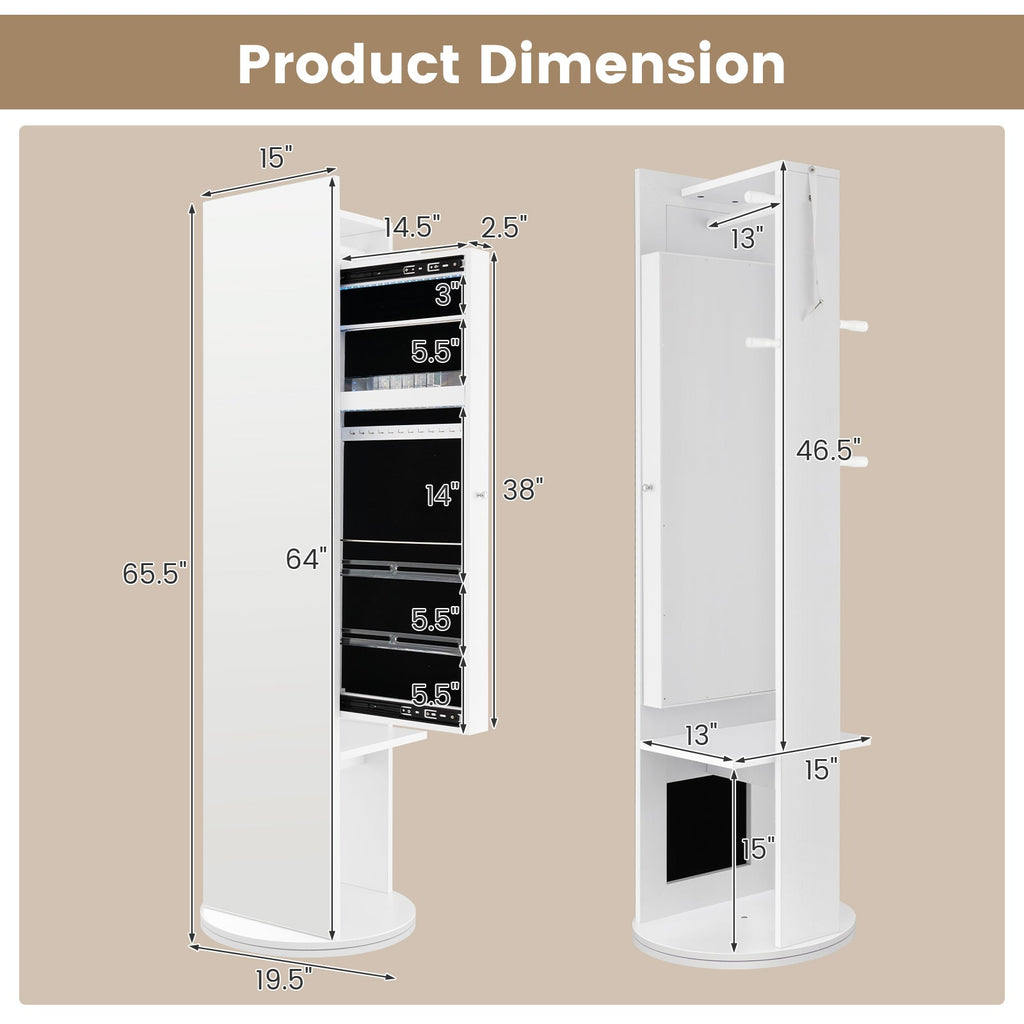 360-Degree Swivel Jewelry Cabinet Armoire with Full Length Mirror and Coat Rack-White