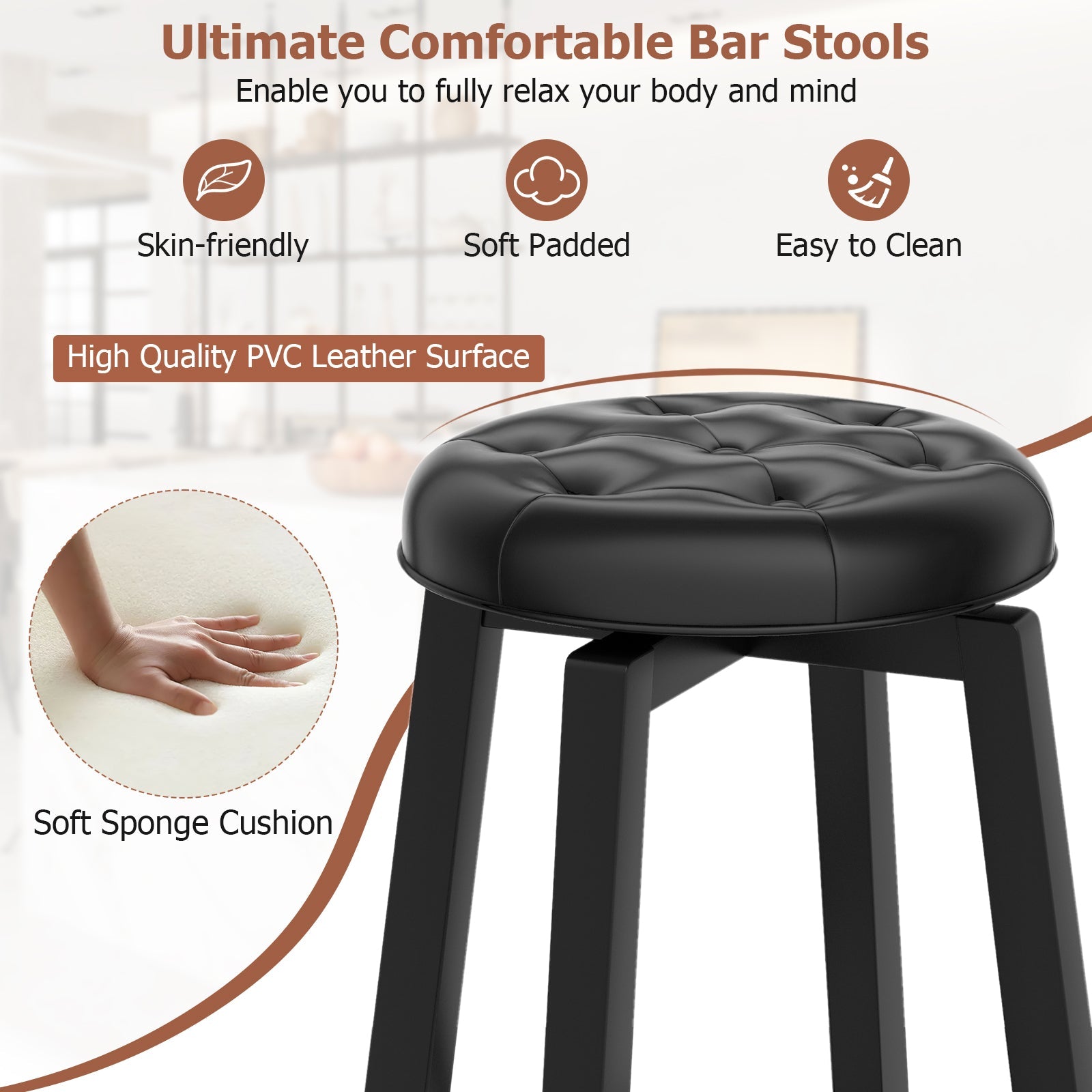 360¬∞ Swivel Upholstered Rubberwood Frame Bar Stool Set of 2 with Footrest