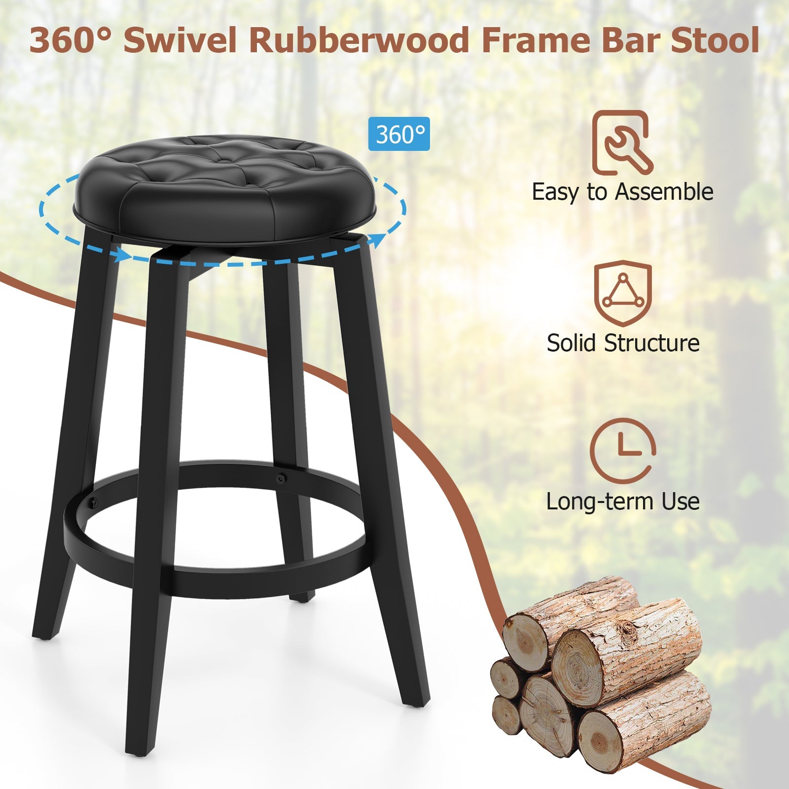 360¬∞ Swivel Upholstered Rubberwood Frame Bar Stool Set of 2 with Footrest
