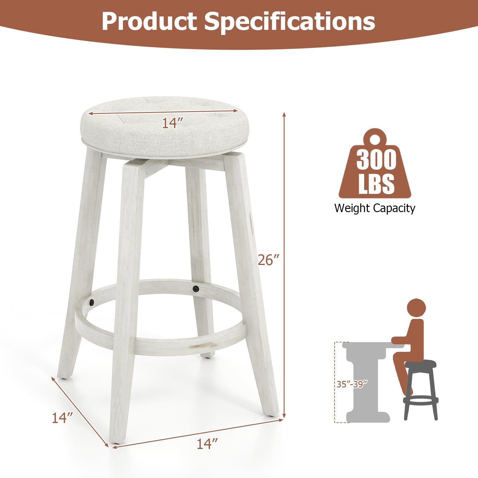 360-Degree Swivel Upholstered Rubberwood Frame Bar Stool Set of 2 with Footrest