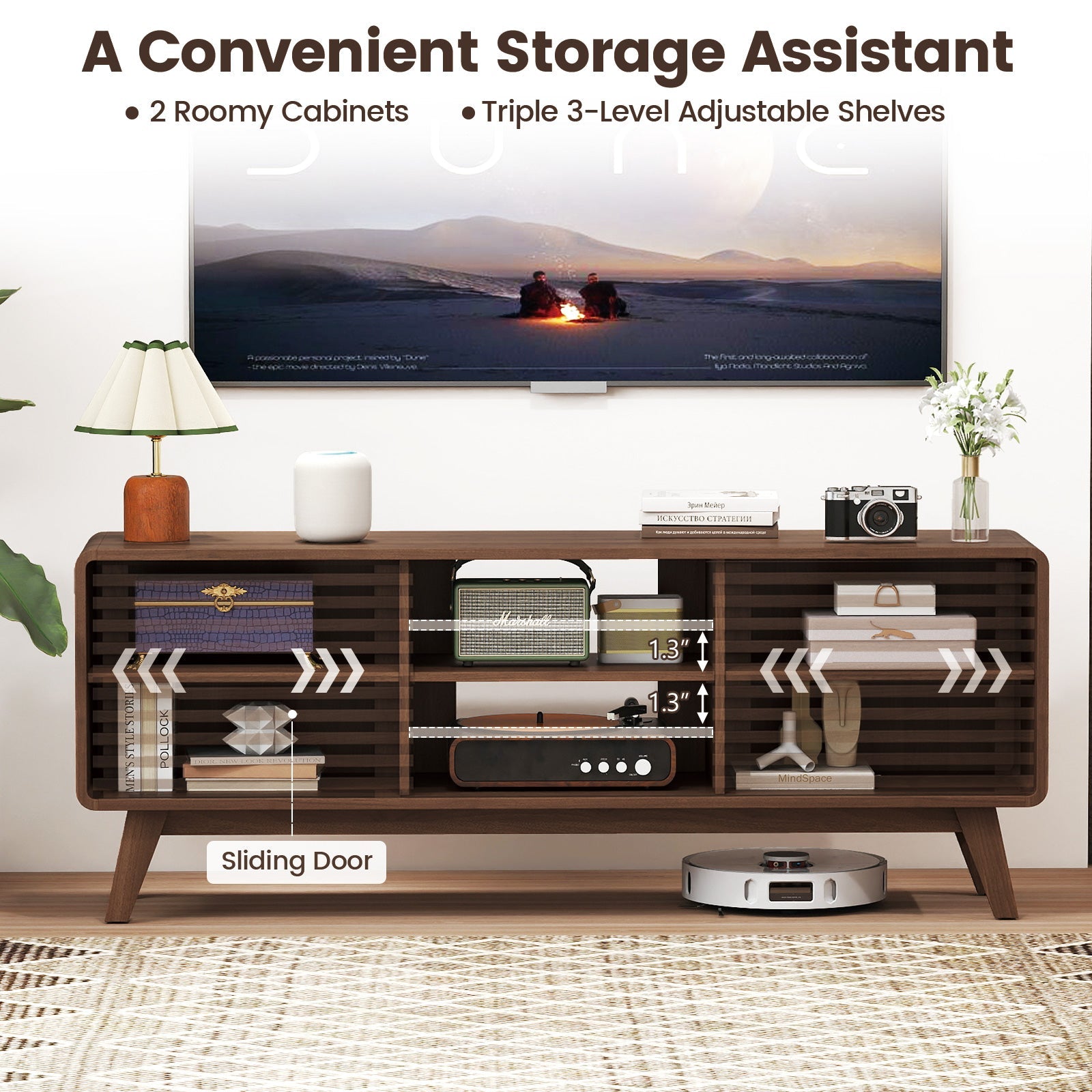 TV Stand for TVs up to 65" with Sliding Doors and Adjustable Shelves for Living Room-Walnut