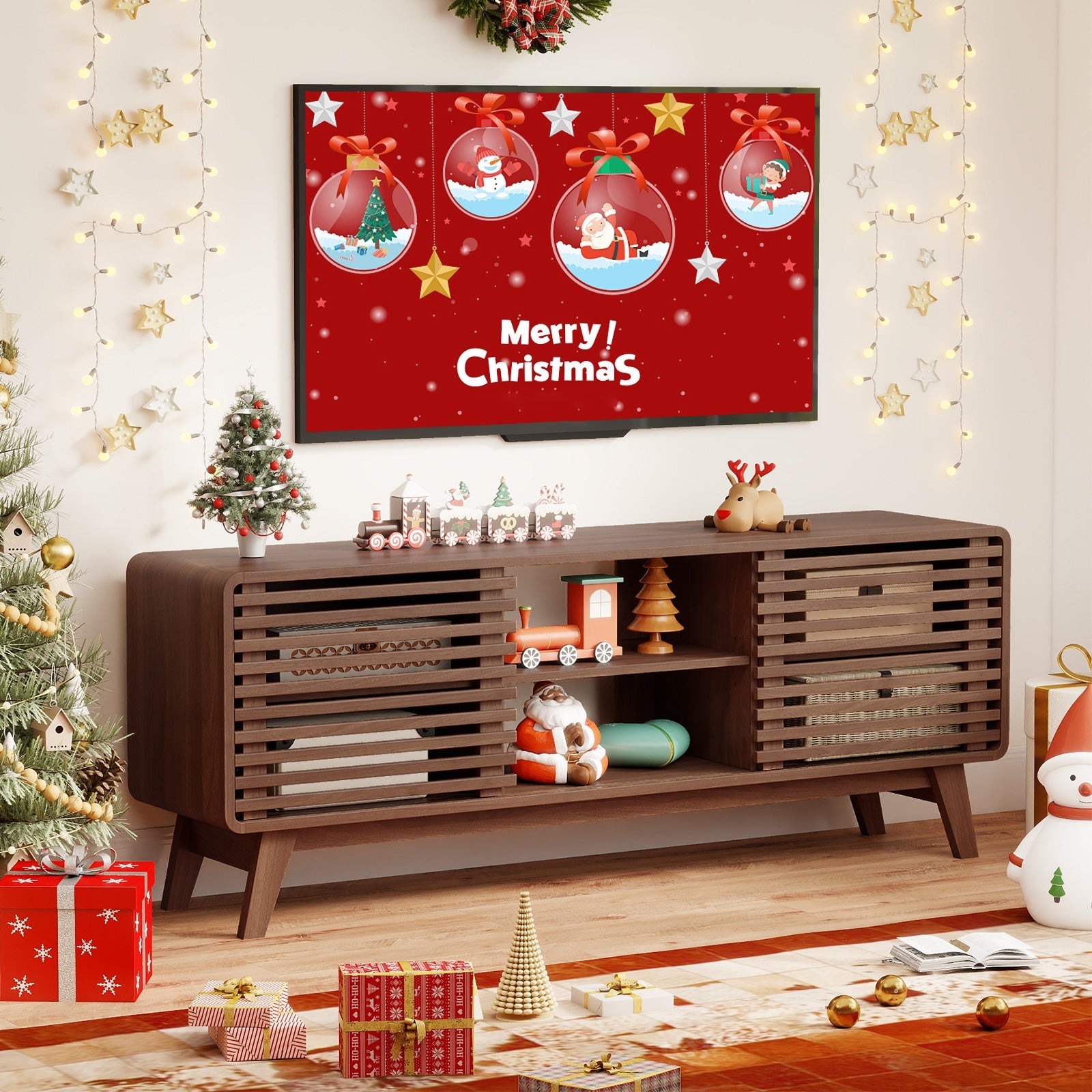 TV Stand for TVs up to 65" with Sliding Doors and Adjustable Shelves for Living Room-Walnut