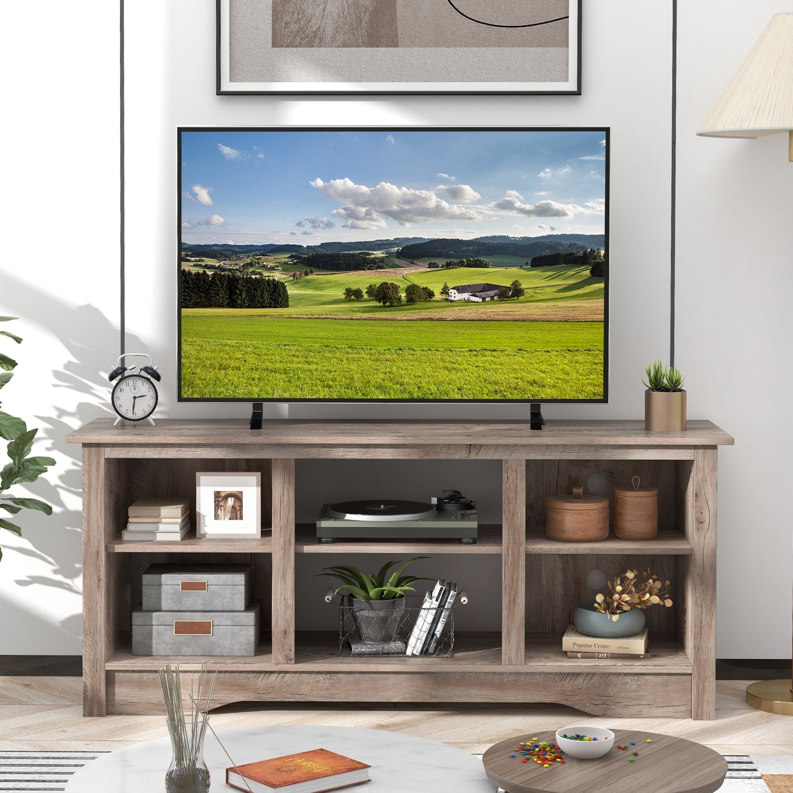 TV Stand for up to 65 Inch Flat Screen TVs with Adjustable Shelves for 18 Inch Electric Fireplace (Not Included)