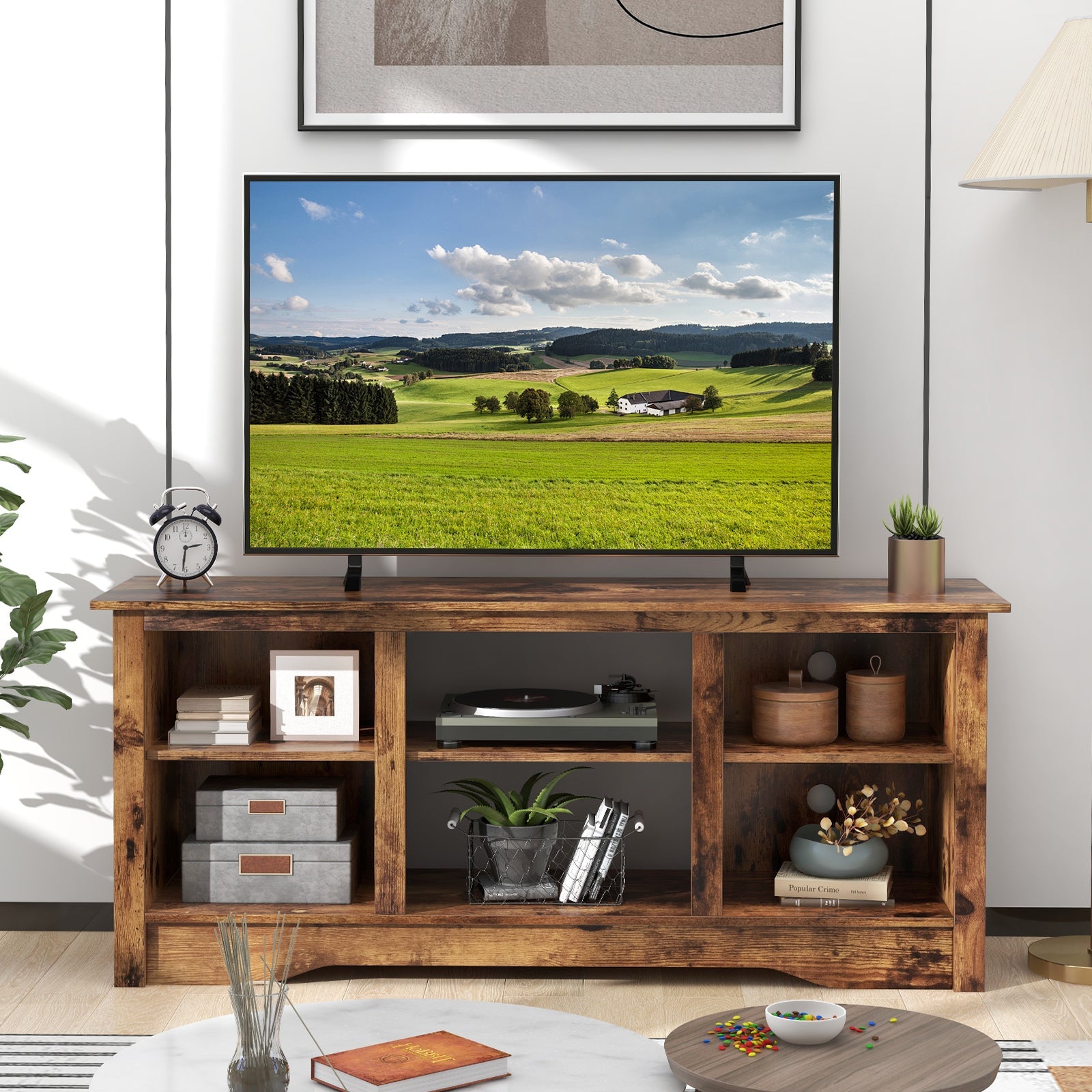 TV Stand for up to 65 Inch Flat Screen TVs with Adjustable Shelves for 18 Inch Electric Fireplace (Not Included)