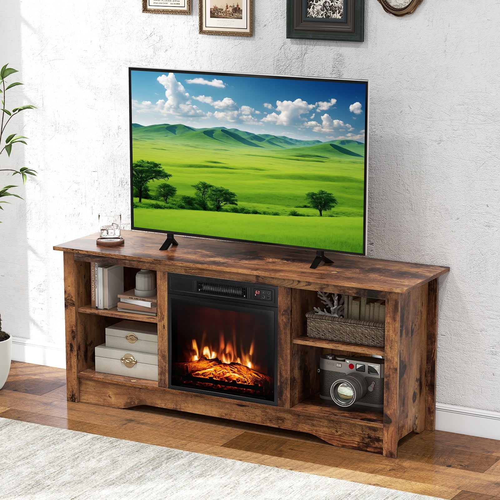 TV Stand for up to 65 Inch Flat Screen TVs with Adjustable Shelves for 18 Inch Electric Fireplace (Not Included)