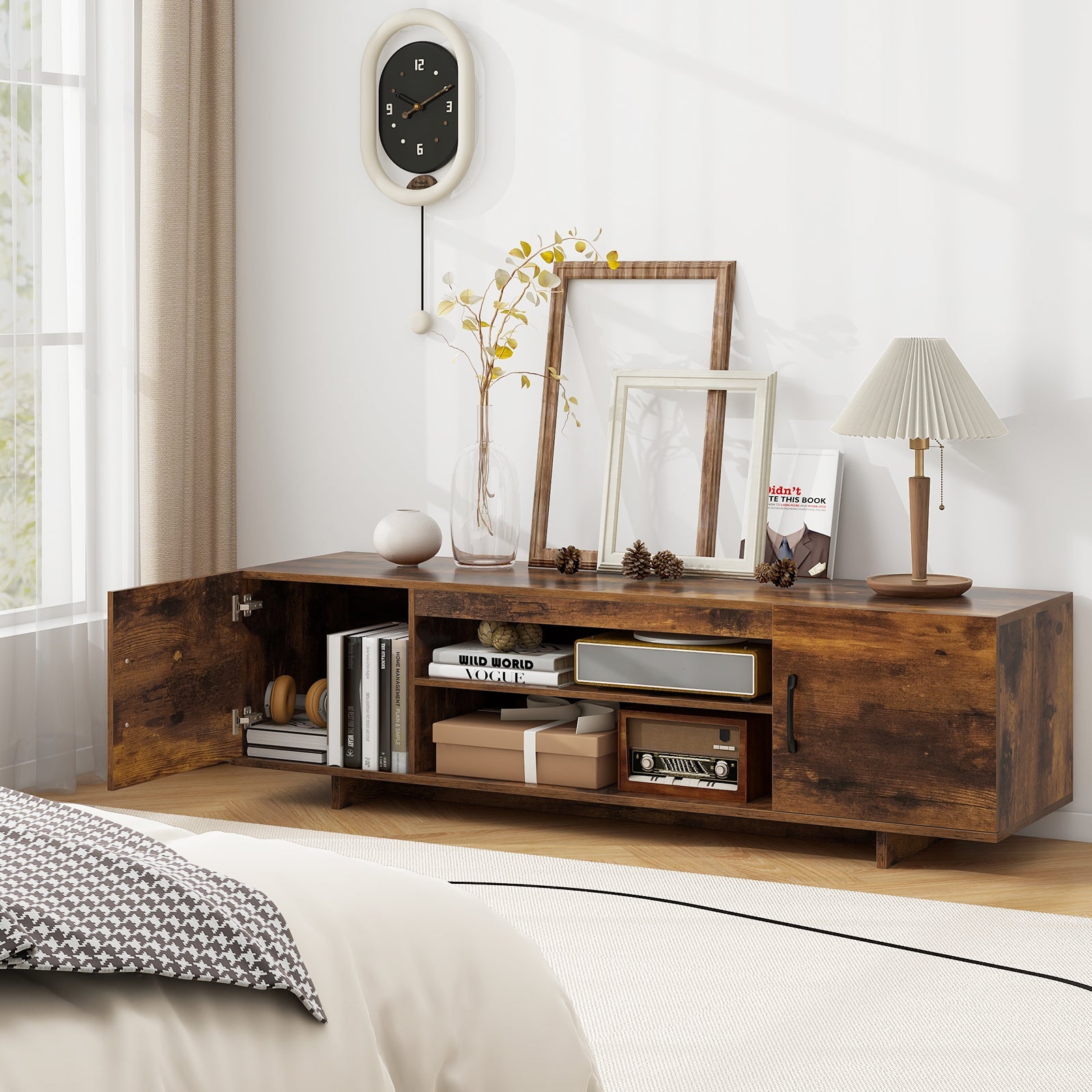 TV Stand with Power Outlet and 2 Cable Holes for 65 Inch TVs