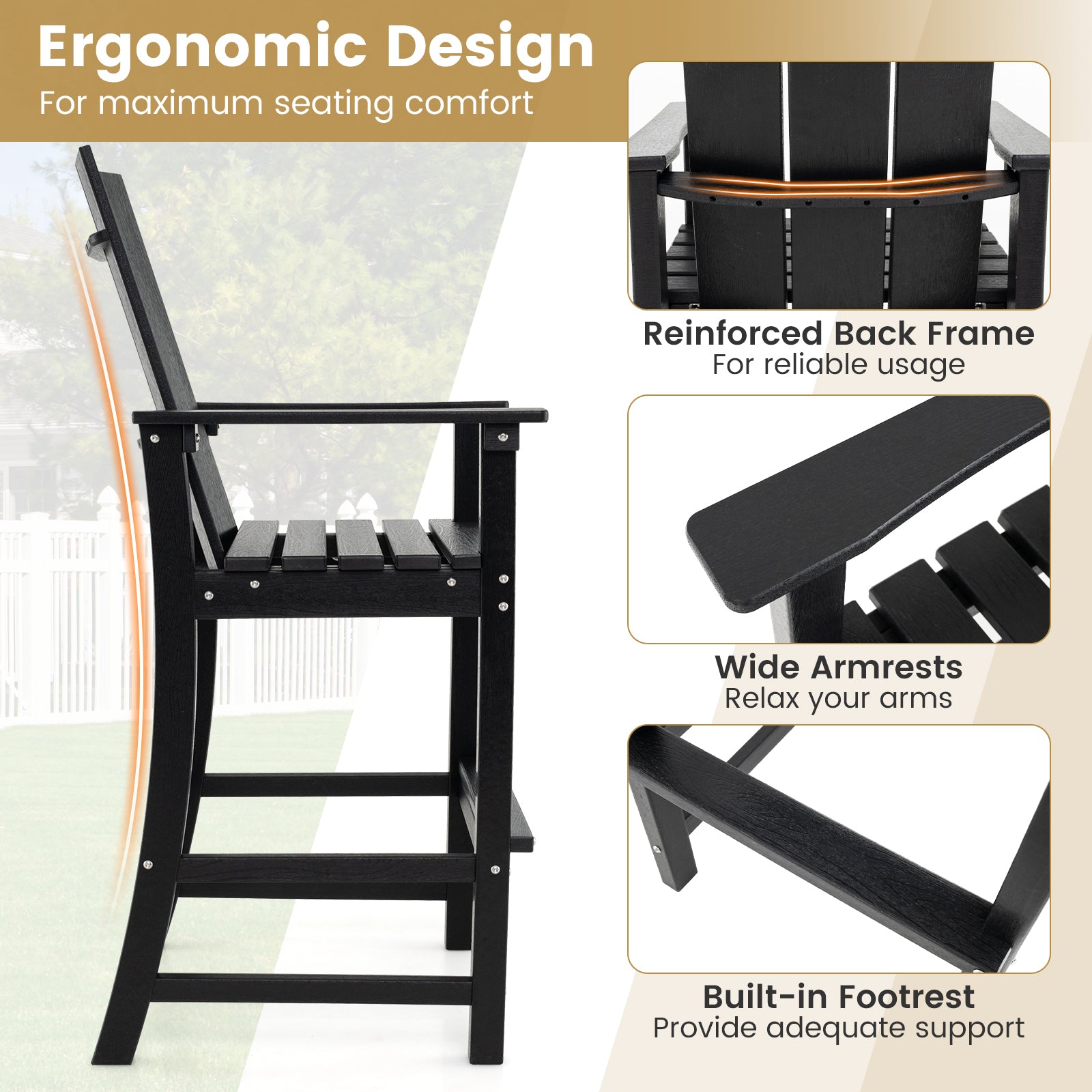 Tall Adirondack Chair Outdoor Bar Stool with Ergonomic Backrest for Backyard