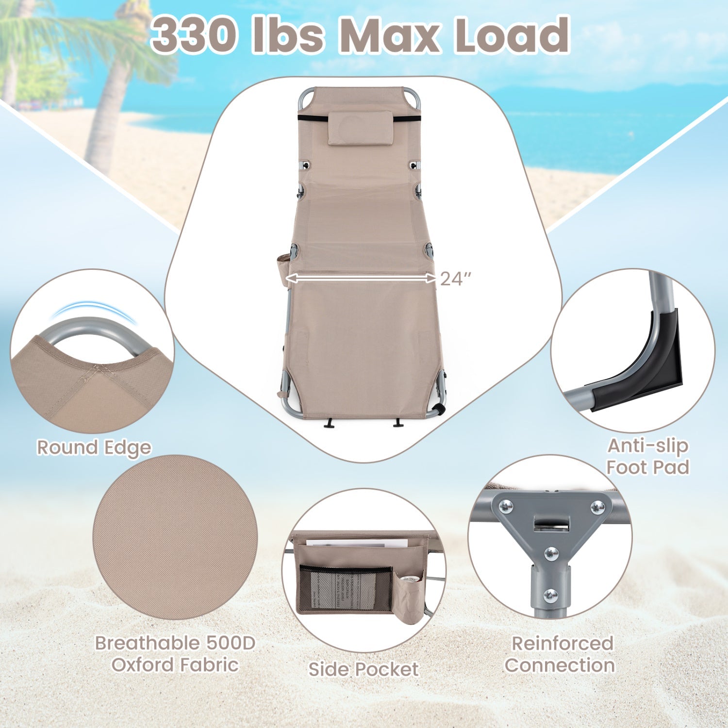 Tanning Chair with Face Arm Holes Portable Sunbathing Chair