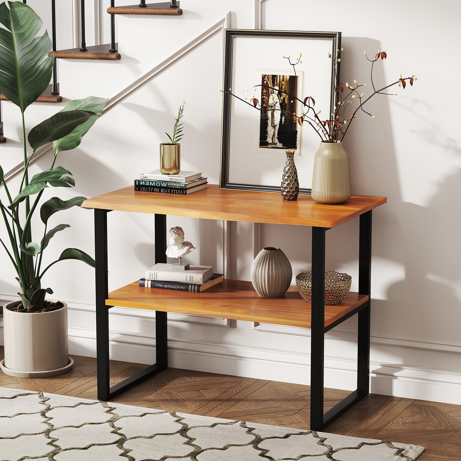 2-Tier Teak Wood End Table Sofa Side for Living Room Hallway Laundry