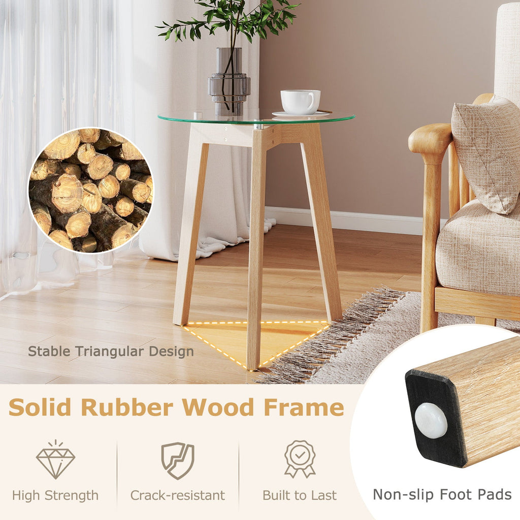 Tempered Glass End Table Round with Solid Rubber Wood Structure