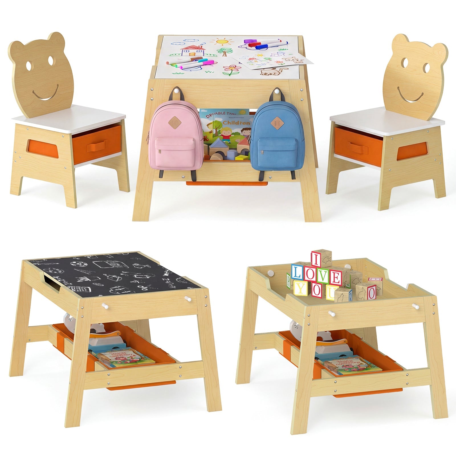 Toddler Table and 2 Chairs 5-in-1 Cute Art Desk Set with Reversible Chalkboard Whiteboard