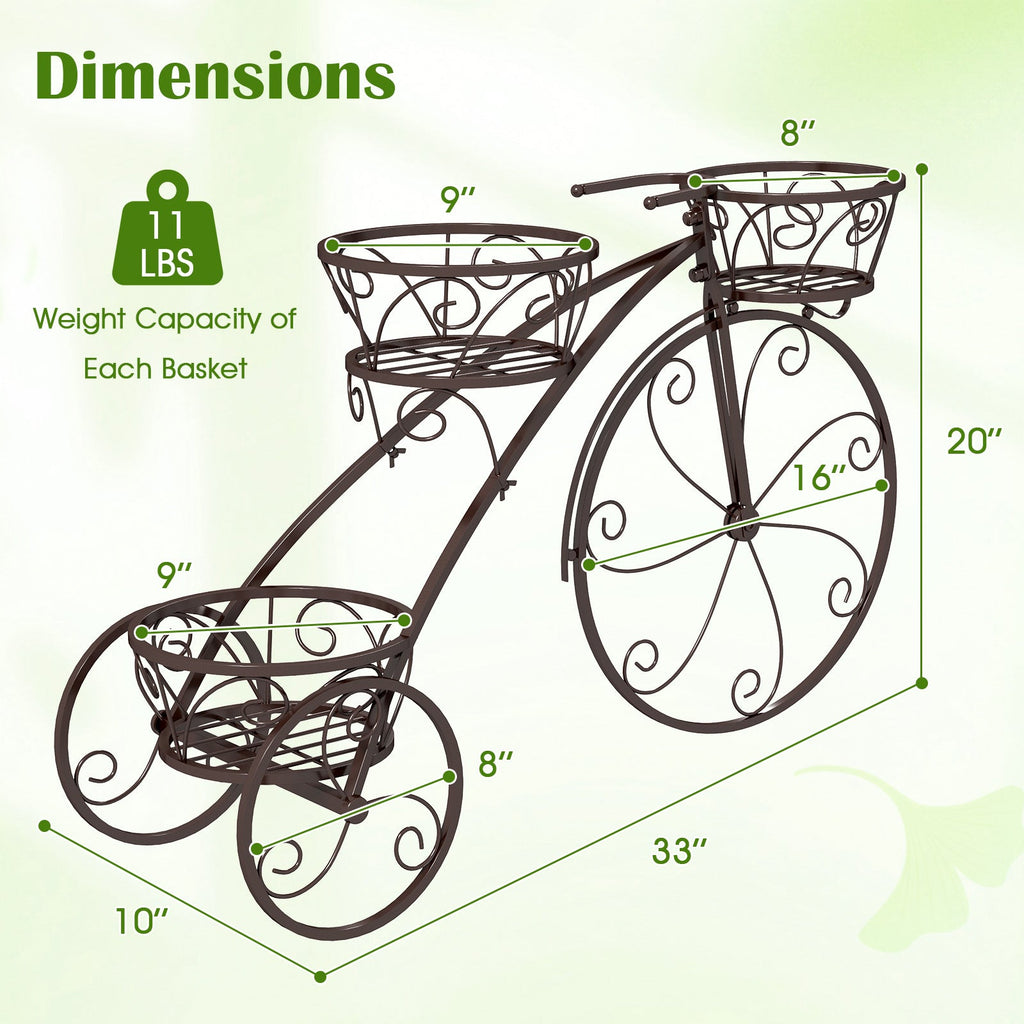 Tricycle Plant Stand Flower Pot Cart Holder with 3 Hollowed Baskets