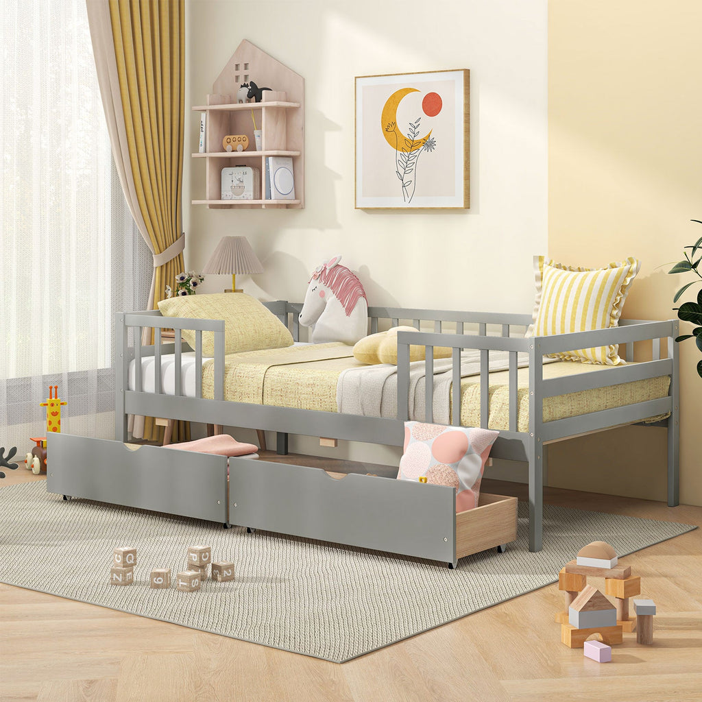 Twin Daybed with Fence and 2 Drawers Kids Bed for Boys & Girls