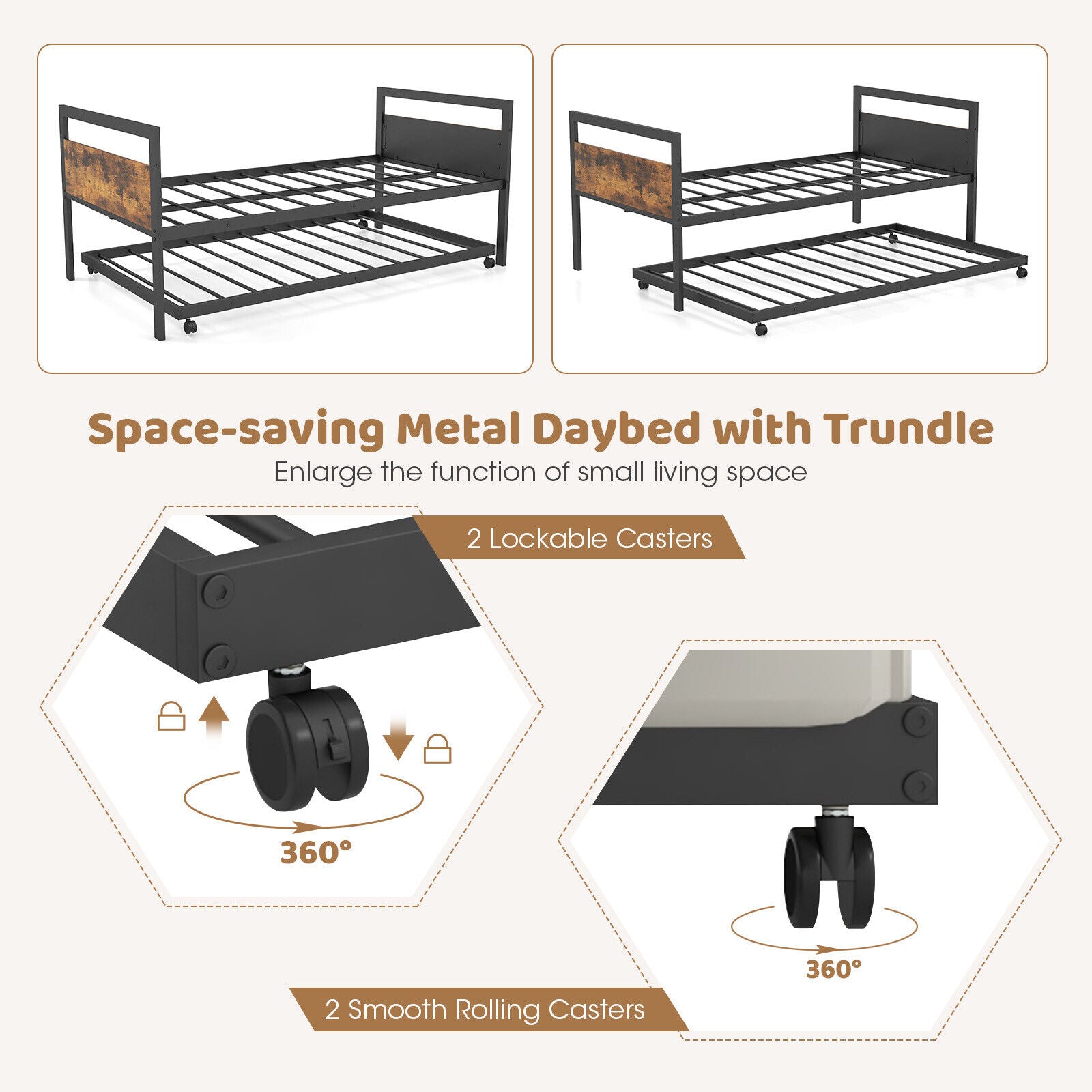 Twin Metal Daybed with Trundle Lockable Wheels-Twin Size