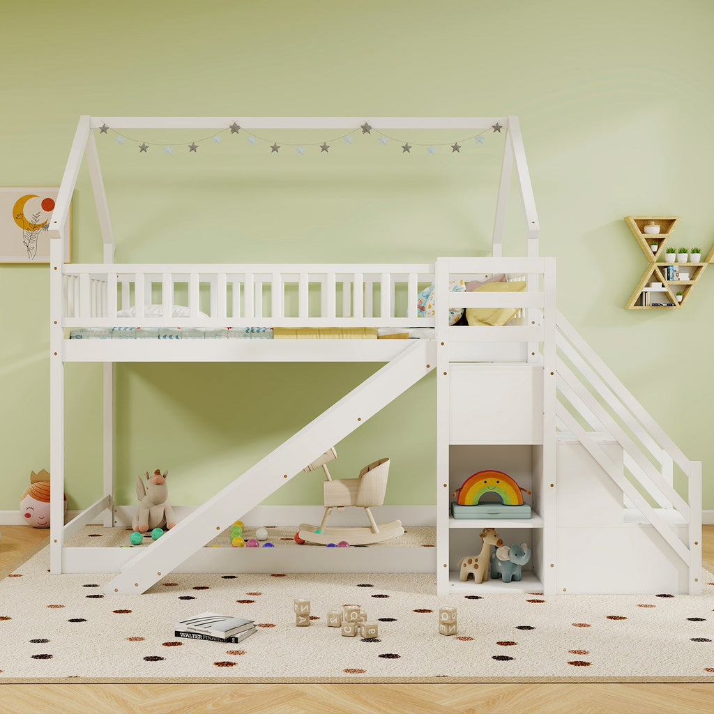 Twin Over Twin Bunk Bed with Slide and Staircase-White