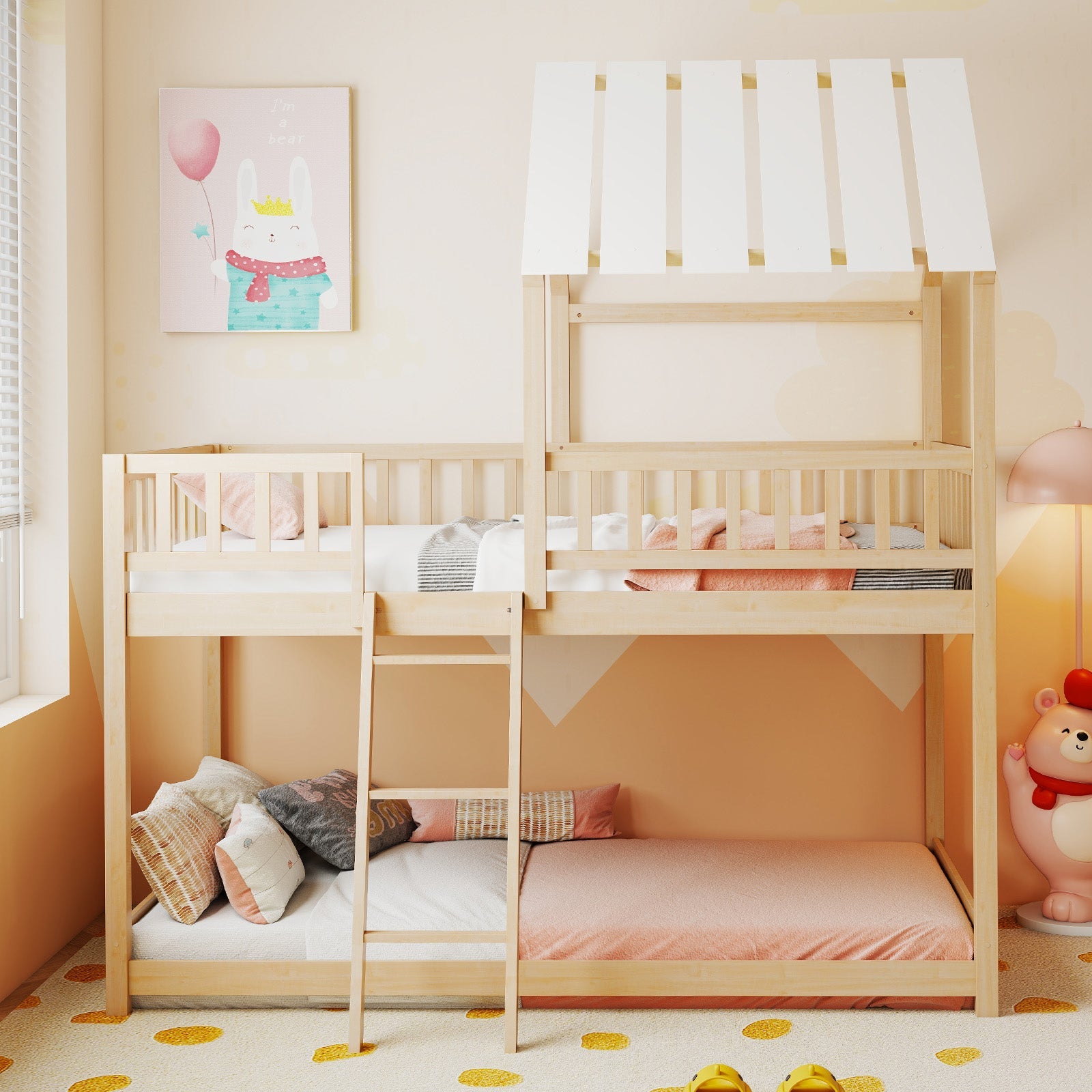 Twin Over Twin House Bunk Bed with Roof and Full-length Guardrails for Kids Teens Boys Girls