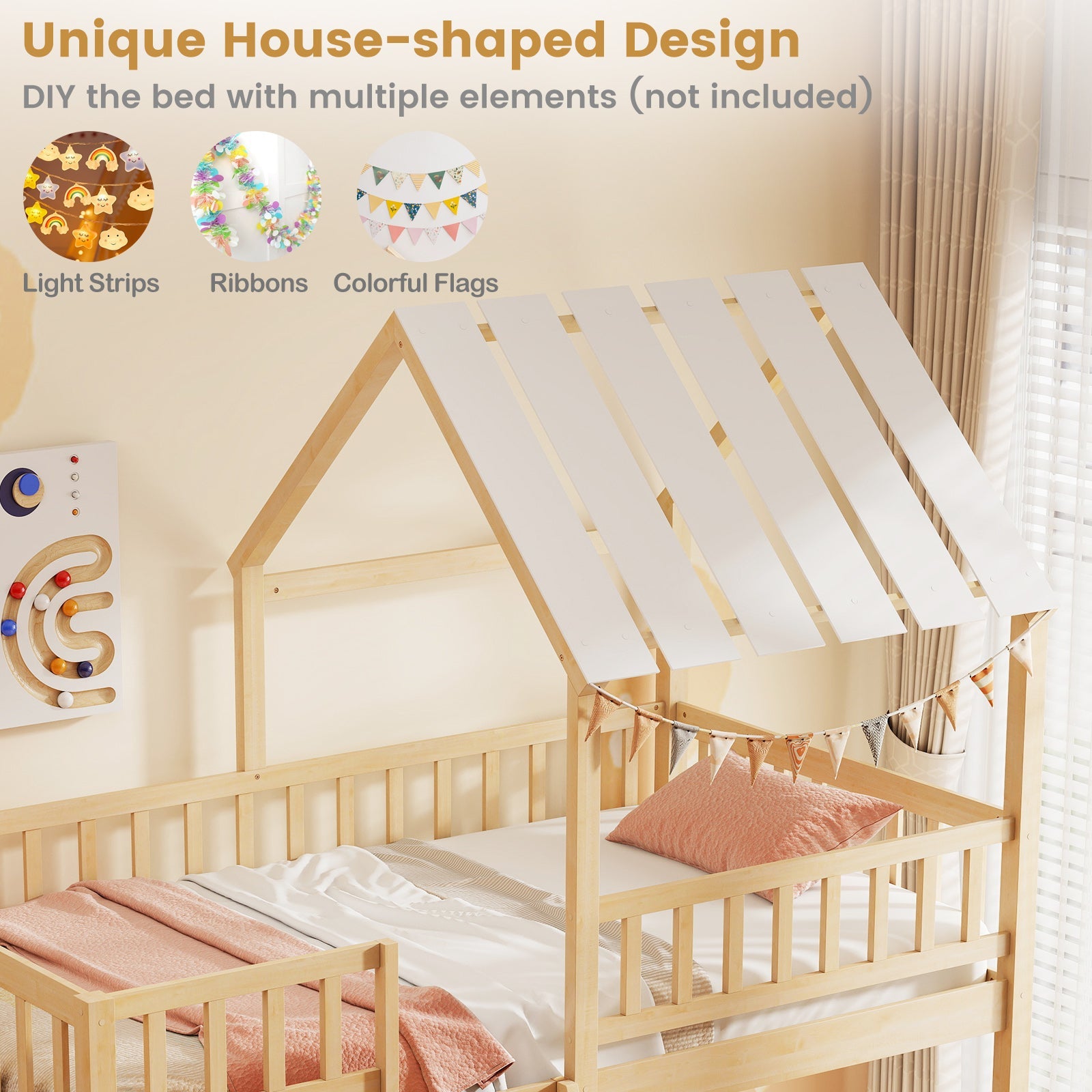 Twin Over Twin House Bunk Bed with Roof and Full-length Guardrails for Kids Teens Boys Girls