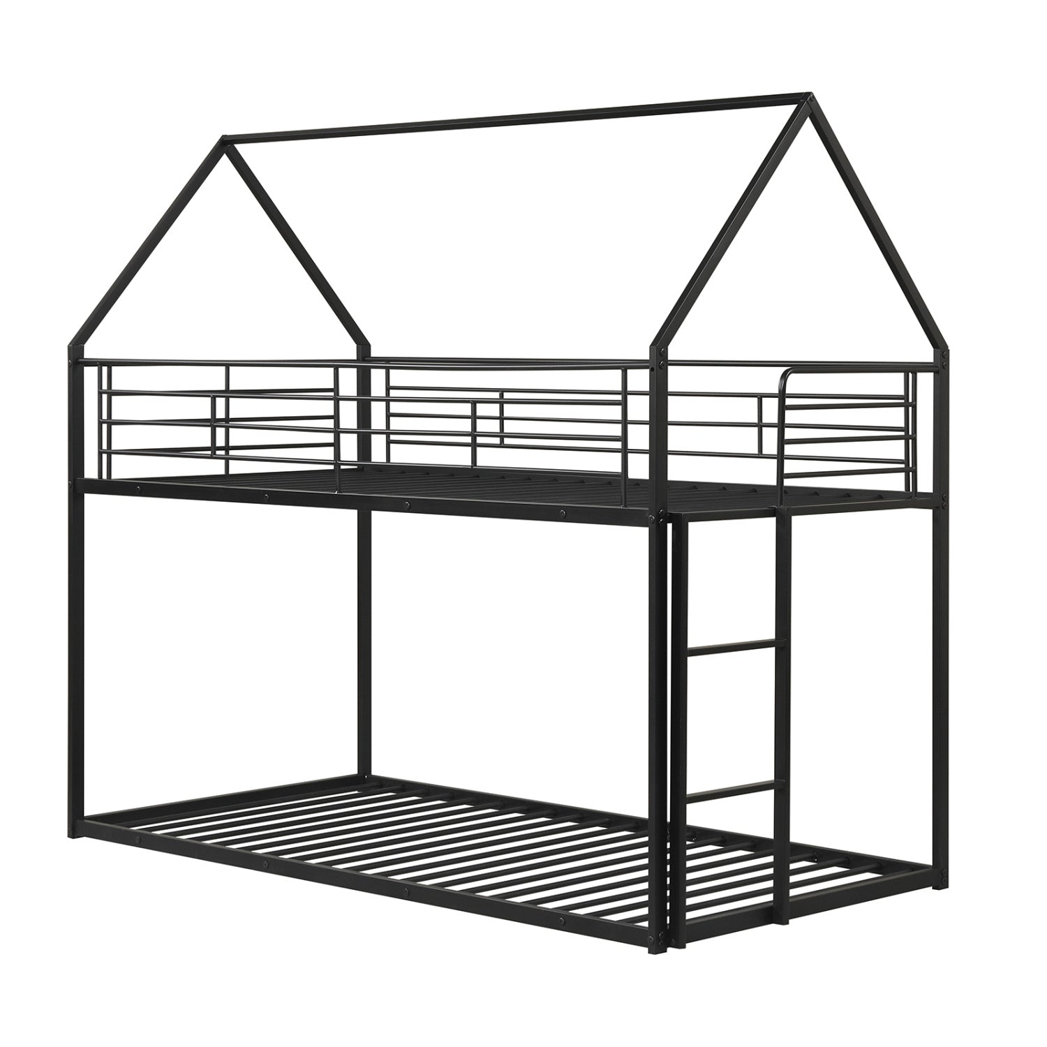 Twin Over Twin Metal Bunk Bed with Roof and Ladder