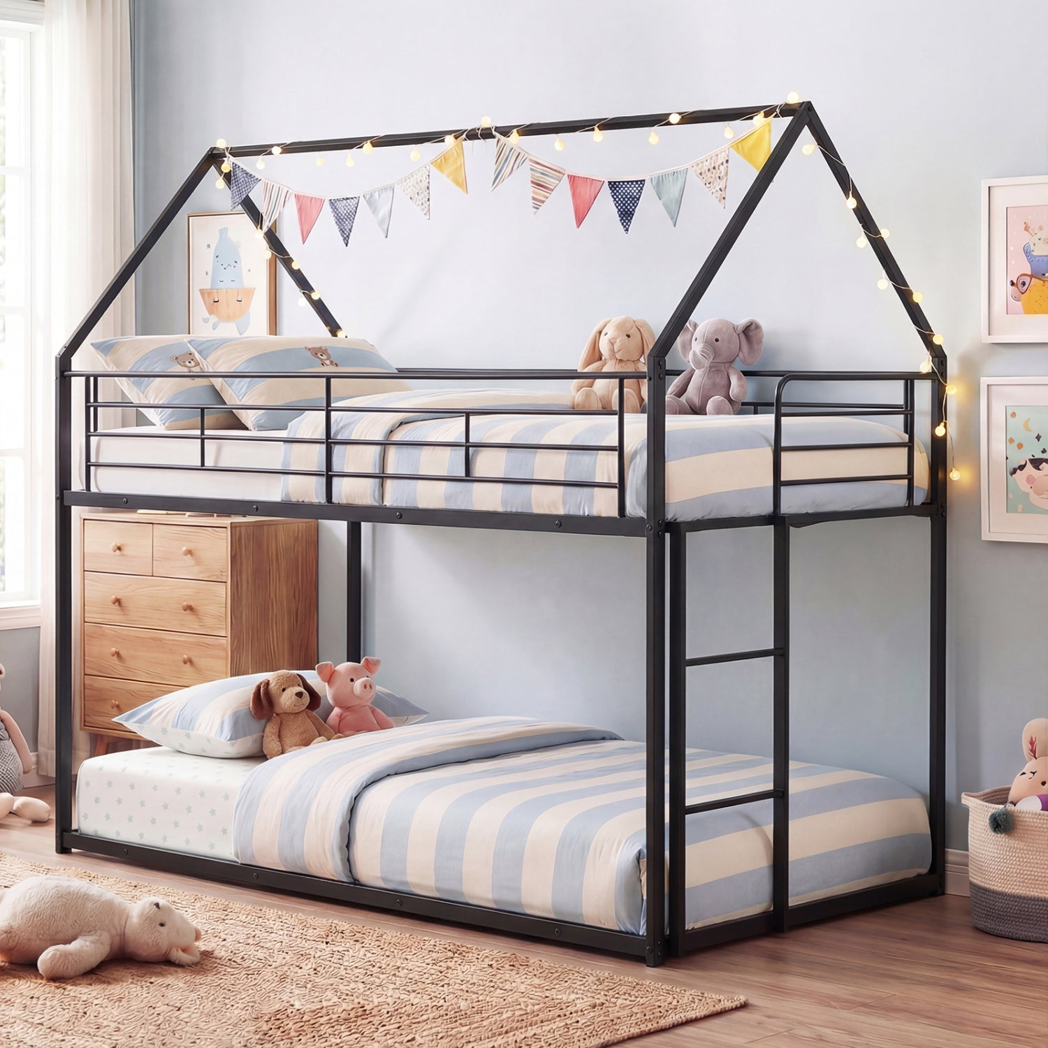 Twin Over Twin Metal Bunk Bed with Roof and Ladder