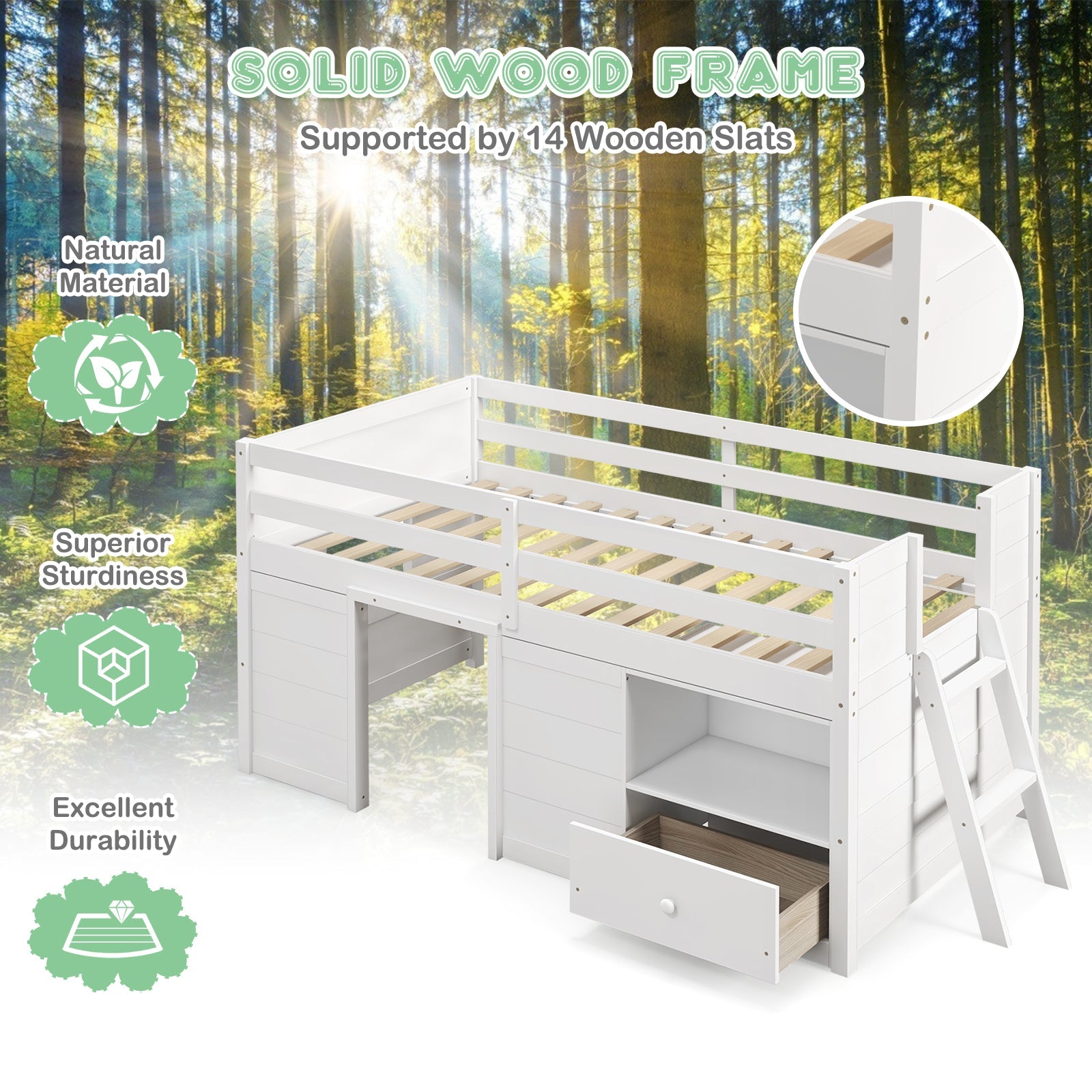Twin Size Solid Wood Low Loft Bed with Storage and Drawer-White