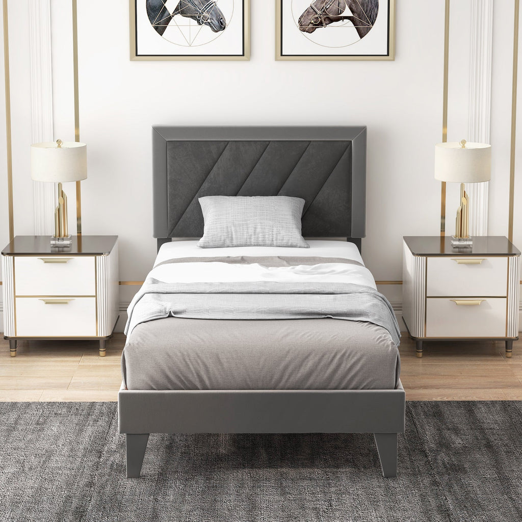 Twin/Full/Queen Platform Bed with High Headboard and Wooden Slats