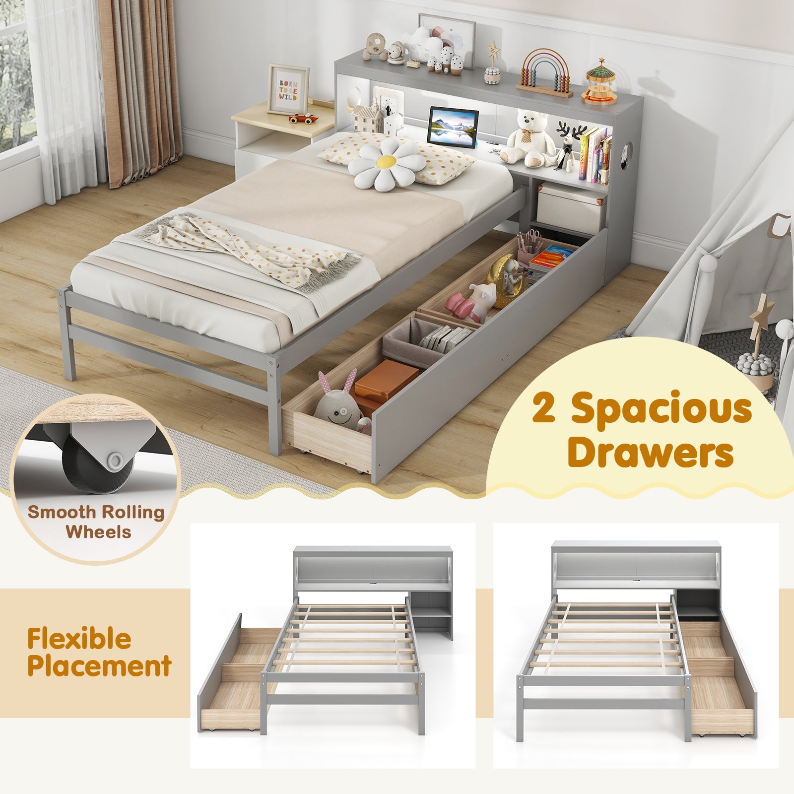 Twin Size Bed Frame with LED Light and Bookcase Headboard