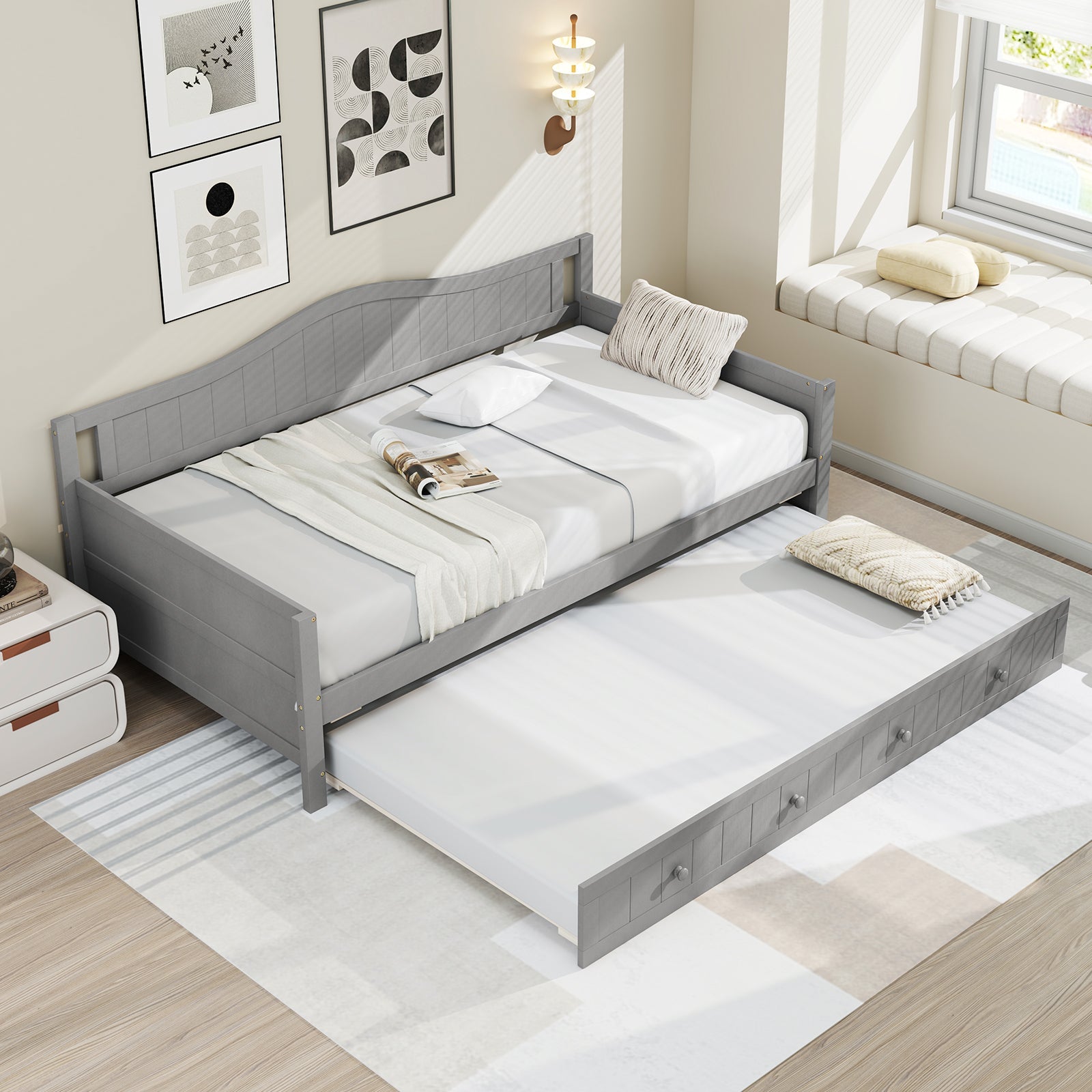 Twin Size Daybed with Trundle and Slats Support on Wheels