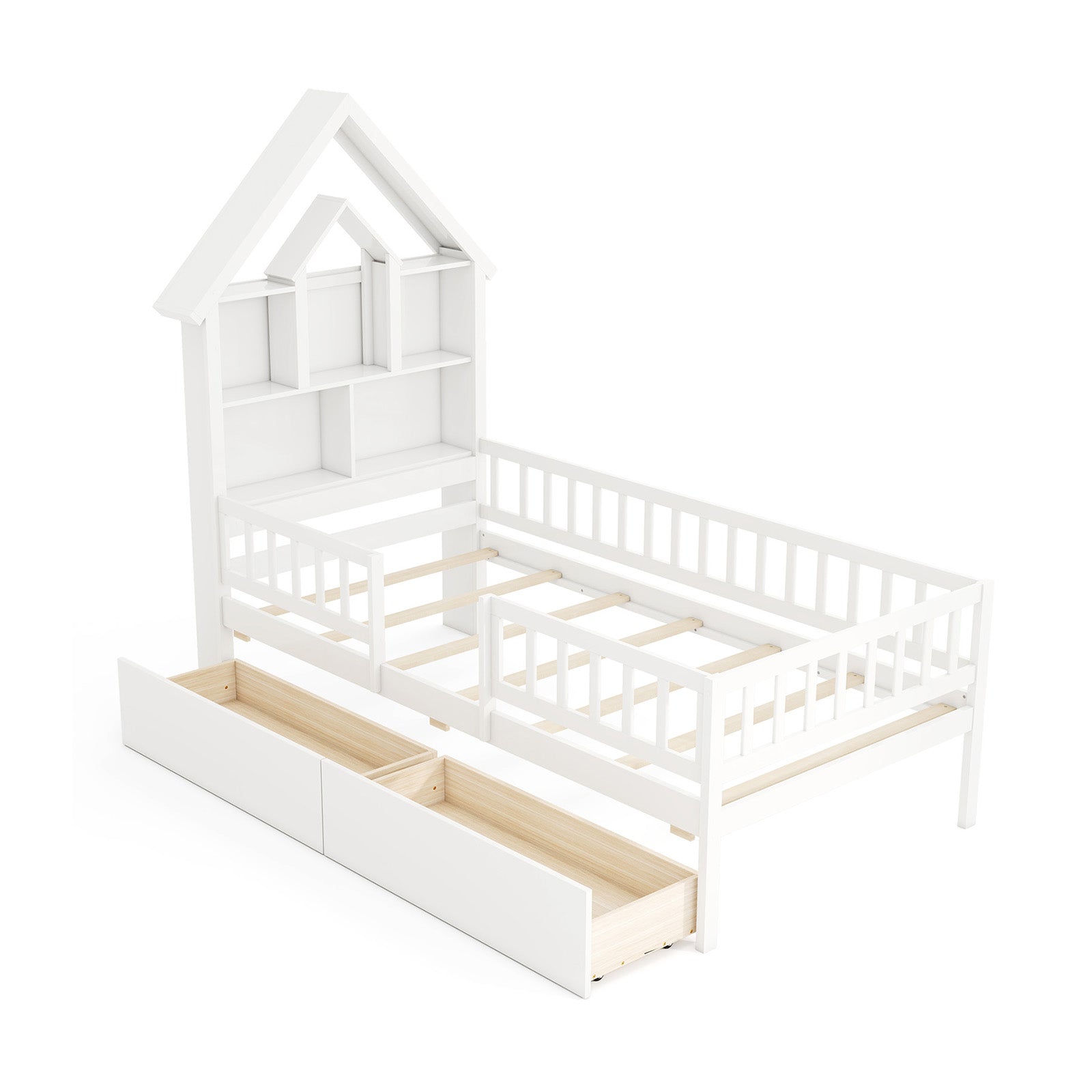 Twin Size House Bed Kids Montessori Bed with House-Shaped Storage Headboard-White