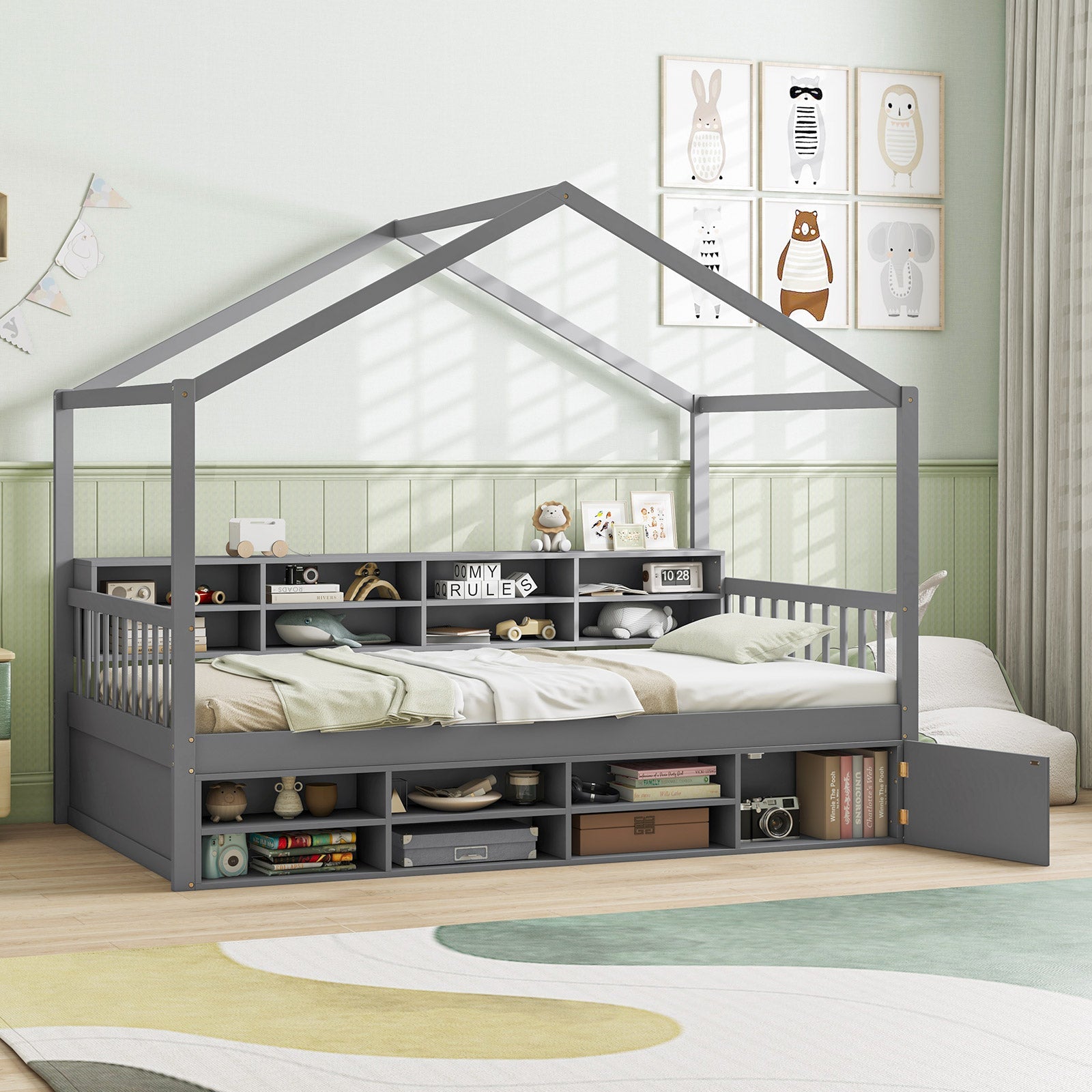 Twin Size House Bed with Roof with 14 Storage Cubes and Enclosed Cabinet